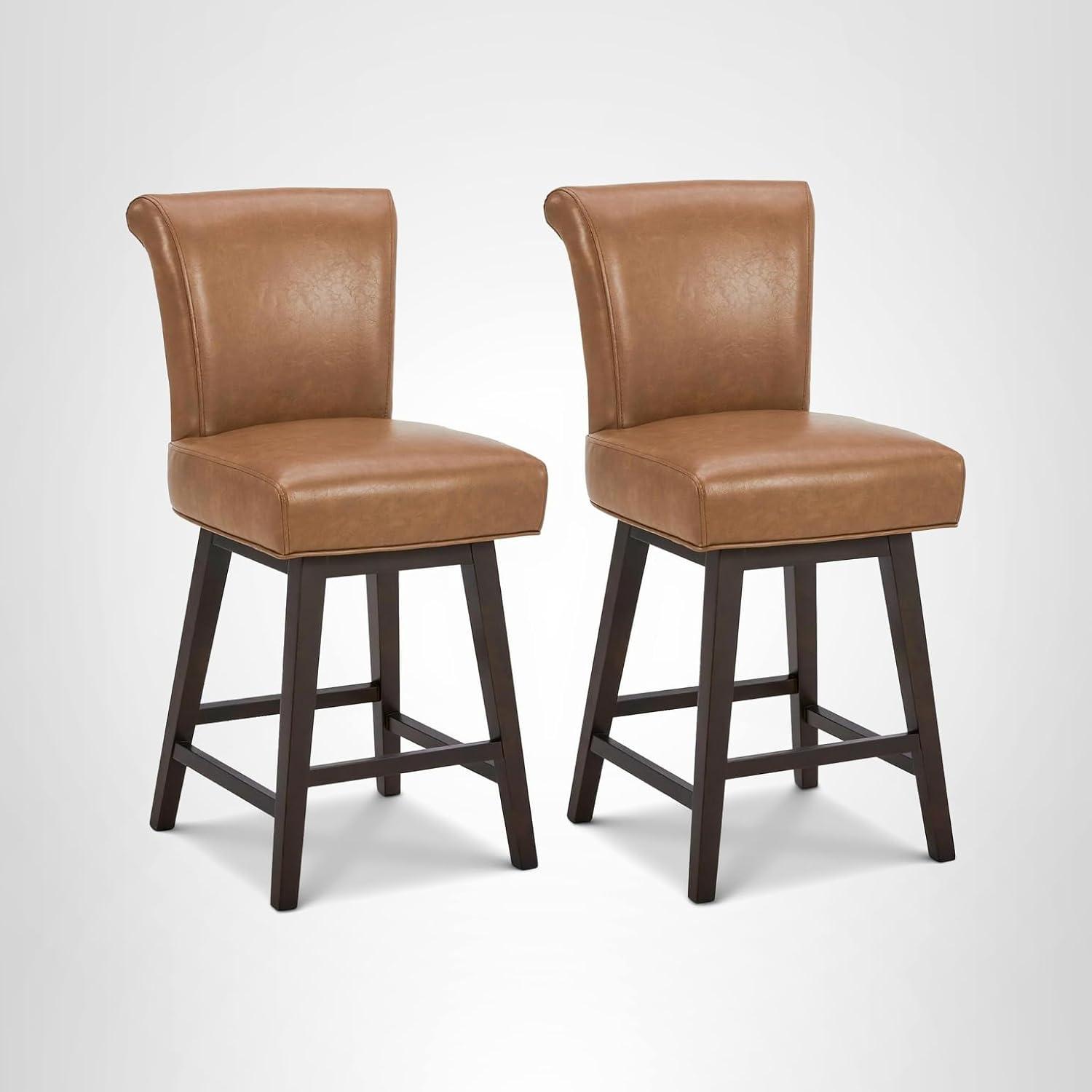 image:imageCHITA 26 Inch Counter Height Swivel Bar Stools Set of 2 FSC Certified Modern Upholstered Faux Leather Swivel Barstool Chair with Back Creamy GreySaddle Brown