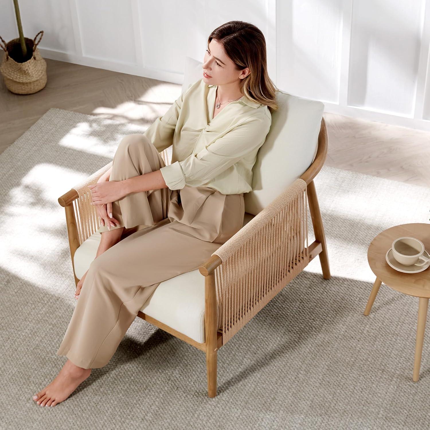 image:imageCHITA Braid Accent Chair Modern Armchair with Solid Wooden Armrest for Living Room and Bedroom Boho Reading Chair CreamCream