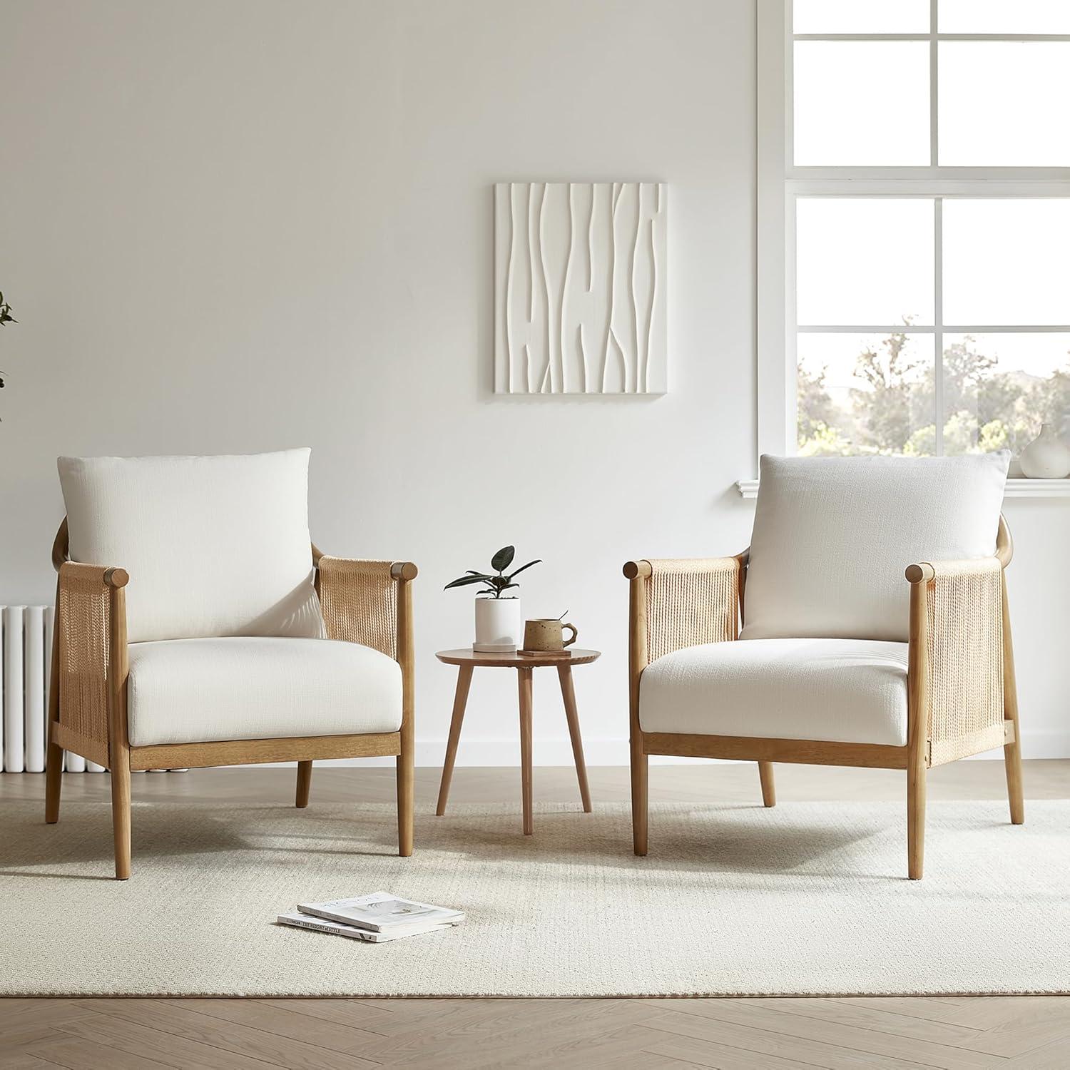 image:imageCHITA Braid Accent Chair Modern Armchair with Solid Wooden Armrest for Living Room and Bedroom Boho Reading Chair CreamCream