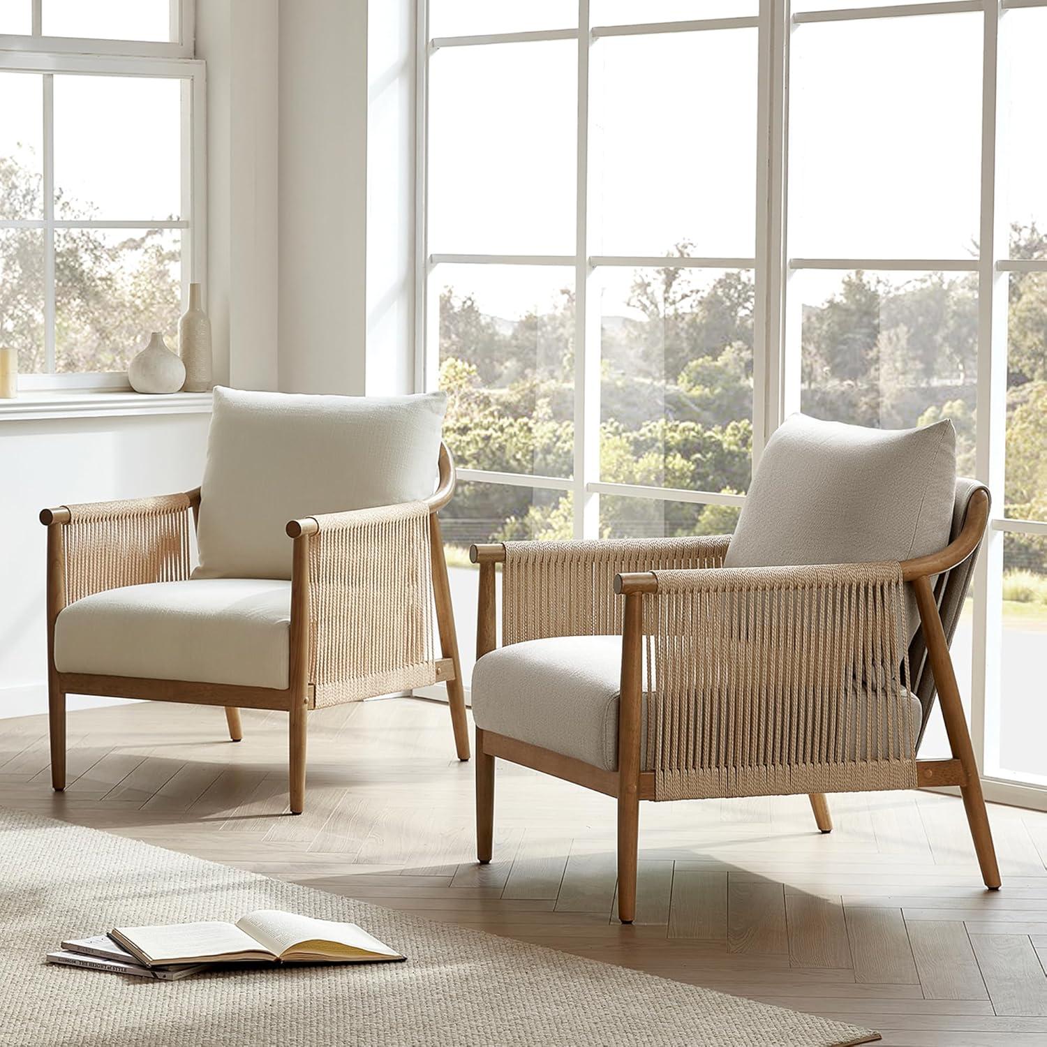image:imageCHITA Braid Accent Chair Modern Armchair with Solid Wooden Armrest for Living Room and Bedroom Boho Reading Chair CreamCream