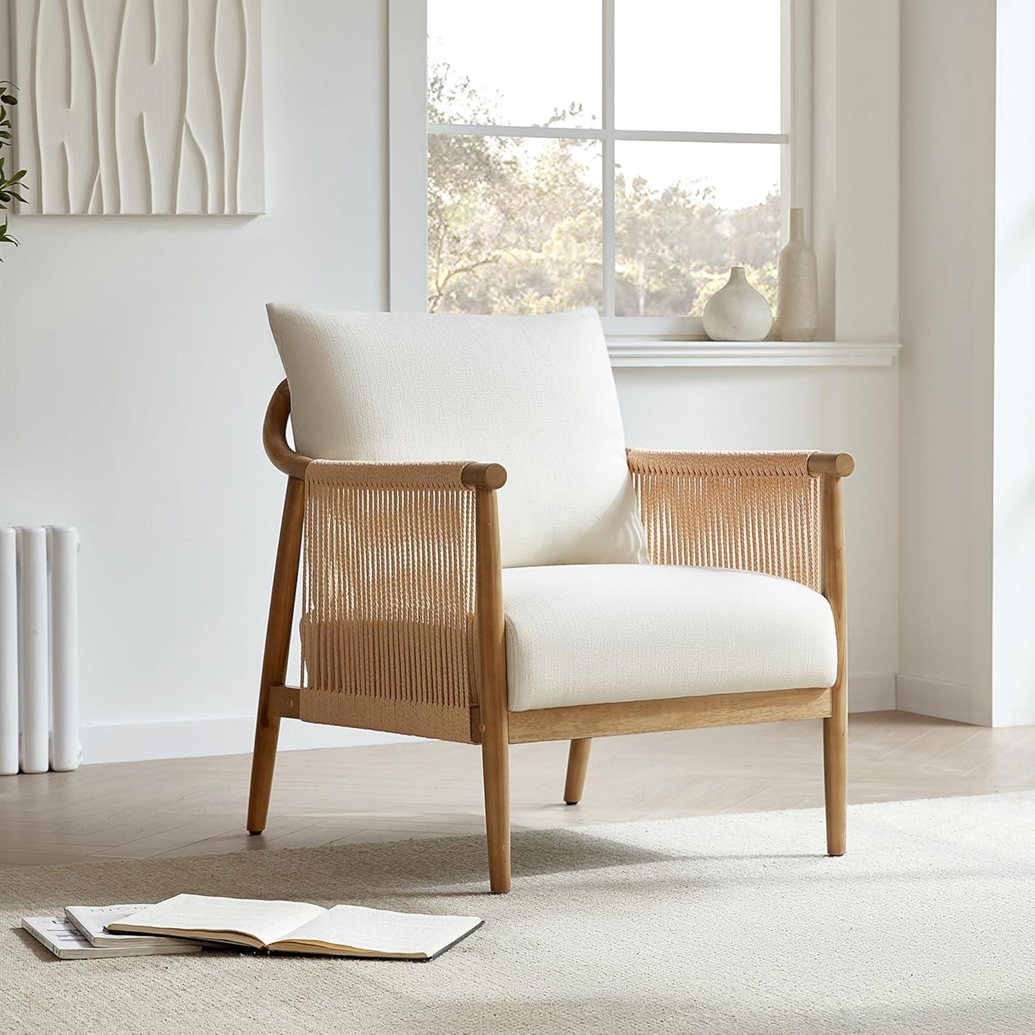 image:imageCHITA Braid Accent Chair Modern Armchair with Solid Wooden Armrest for Living Room and Bedroom Boho Reading Chair CreamCream