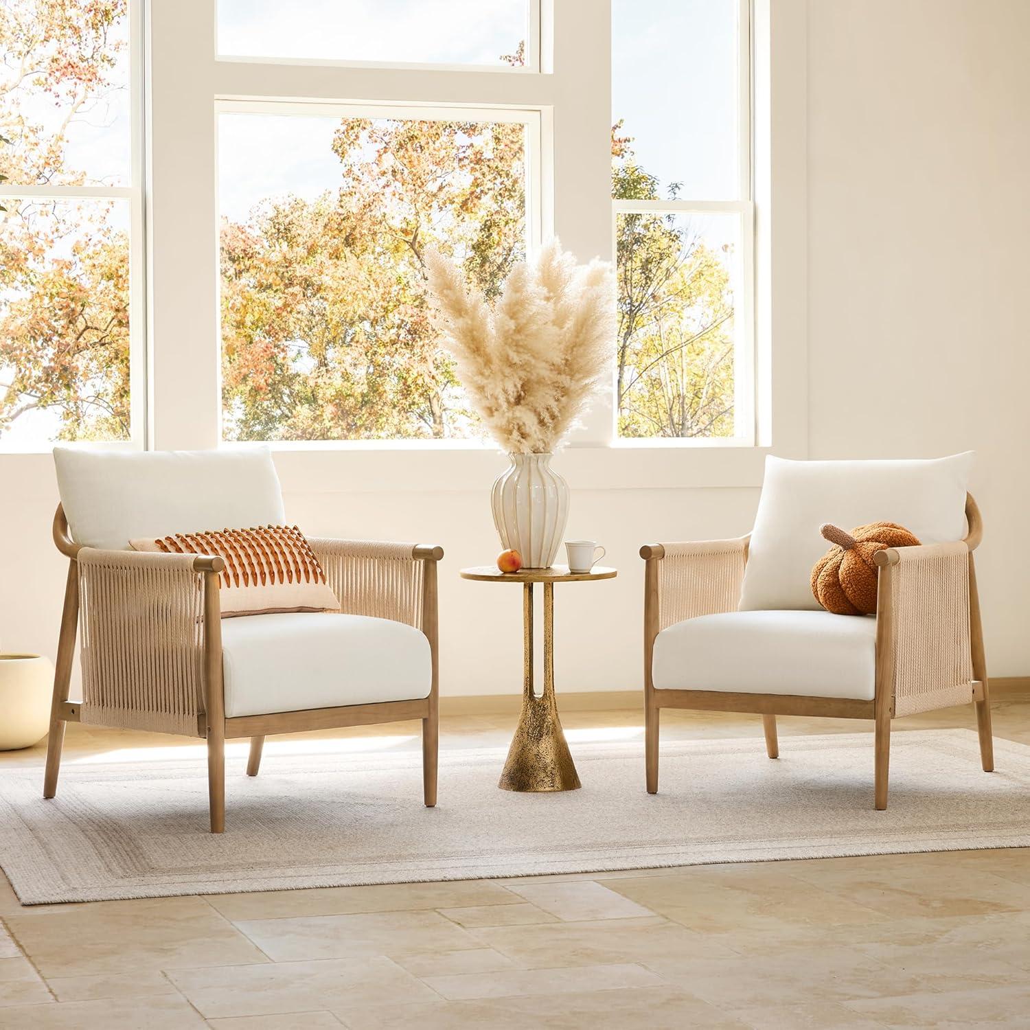 image:imageCHITA Braid Accent Chair Modern Armchair with Solid Wooden Armrest for Living Room and Bedroom Boho Reading Chair CreamCream