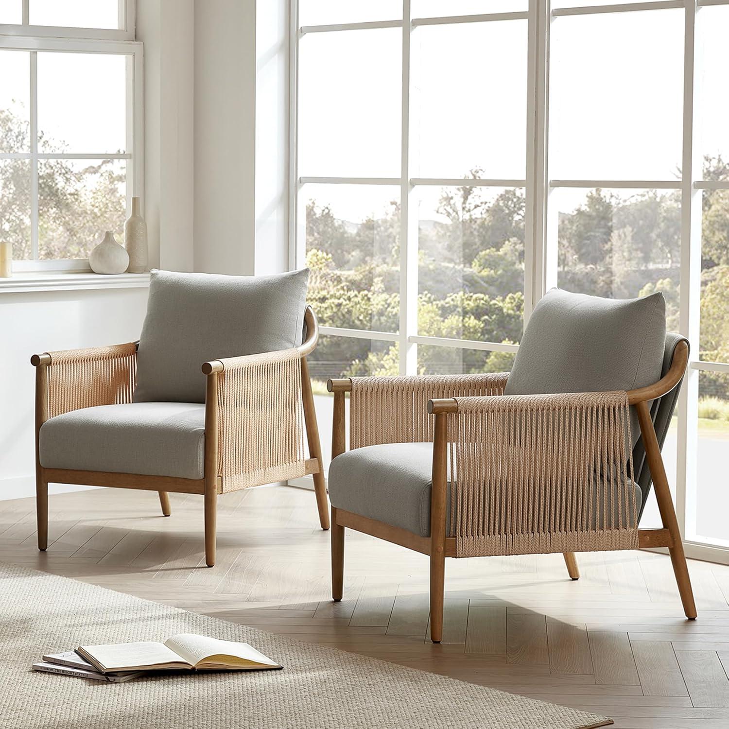 image:imageCHITA Braid Accent Chair Modern Armchair with Solid Wooden Armrest for Living Room and Bedroom Boho Reading Chair CreamLight Grey