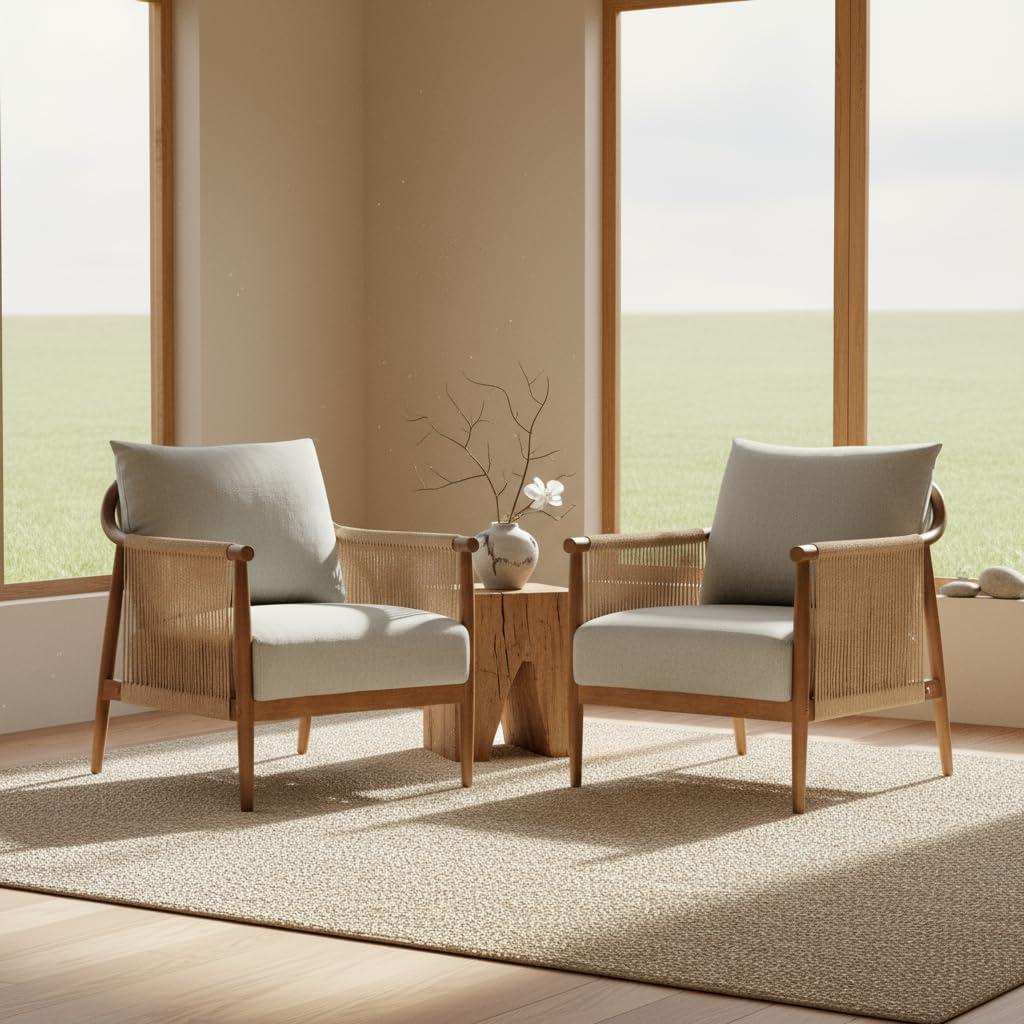 image:imageCHITA Braid Accent Chair Modern Armchair with Solid Wooden Armrest for Living Room and Bedroom Boho Reading Chair CreamLight Grey