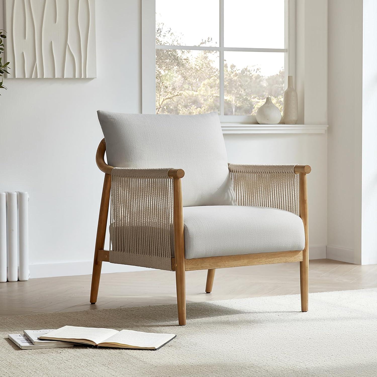 image:imageCHITA Braid Accent Chair Modern Armchair with Solid Wooden Armrest for Living Room and Bedroom Boho Reading Chair CreamLight Grey