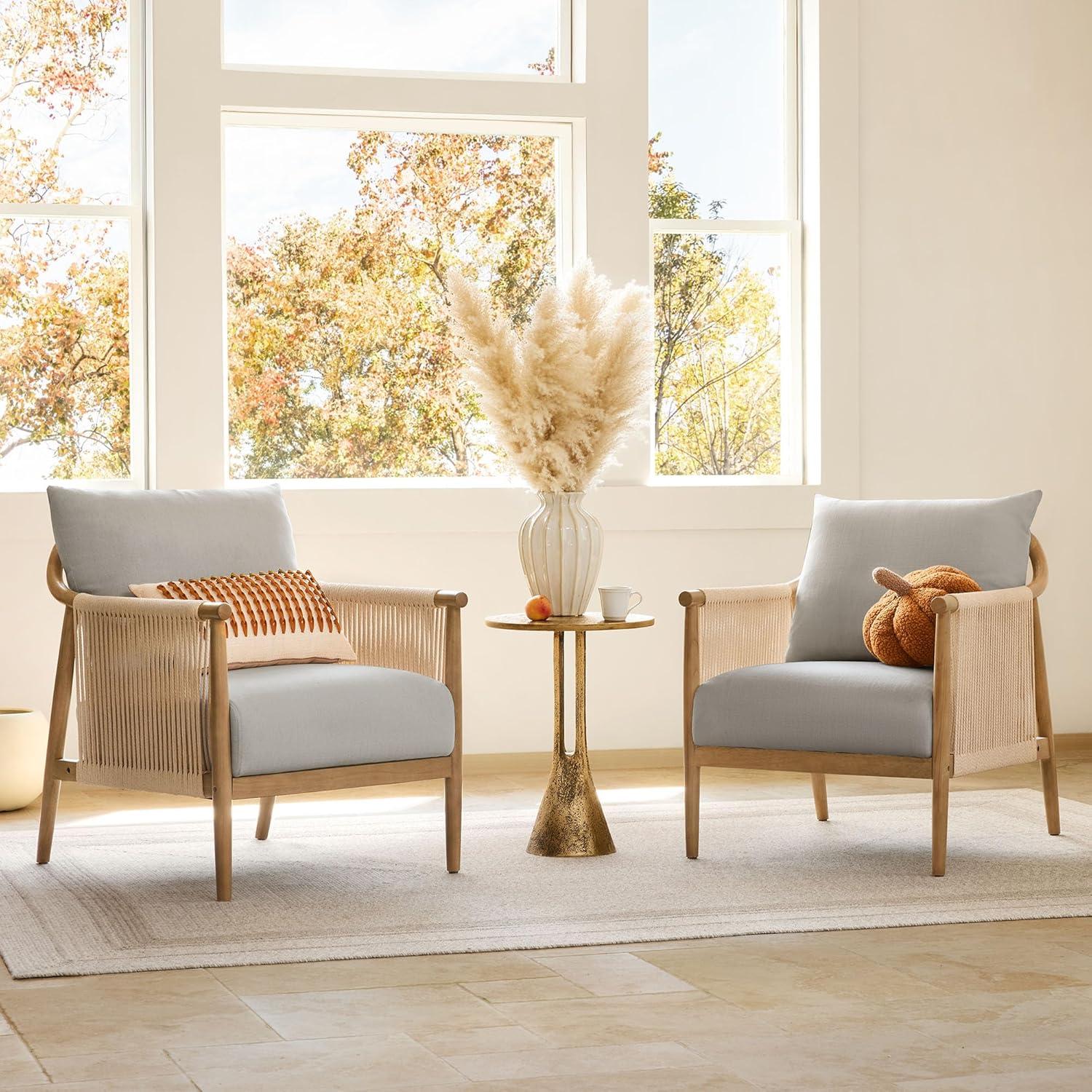 image:imageCHITA Braid Accent Chair Modern Armchair with Solid Wooden Armrest for Living Room and Bedroom Boho Reading Chair CreamLight Grey