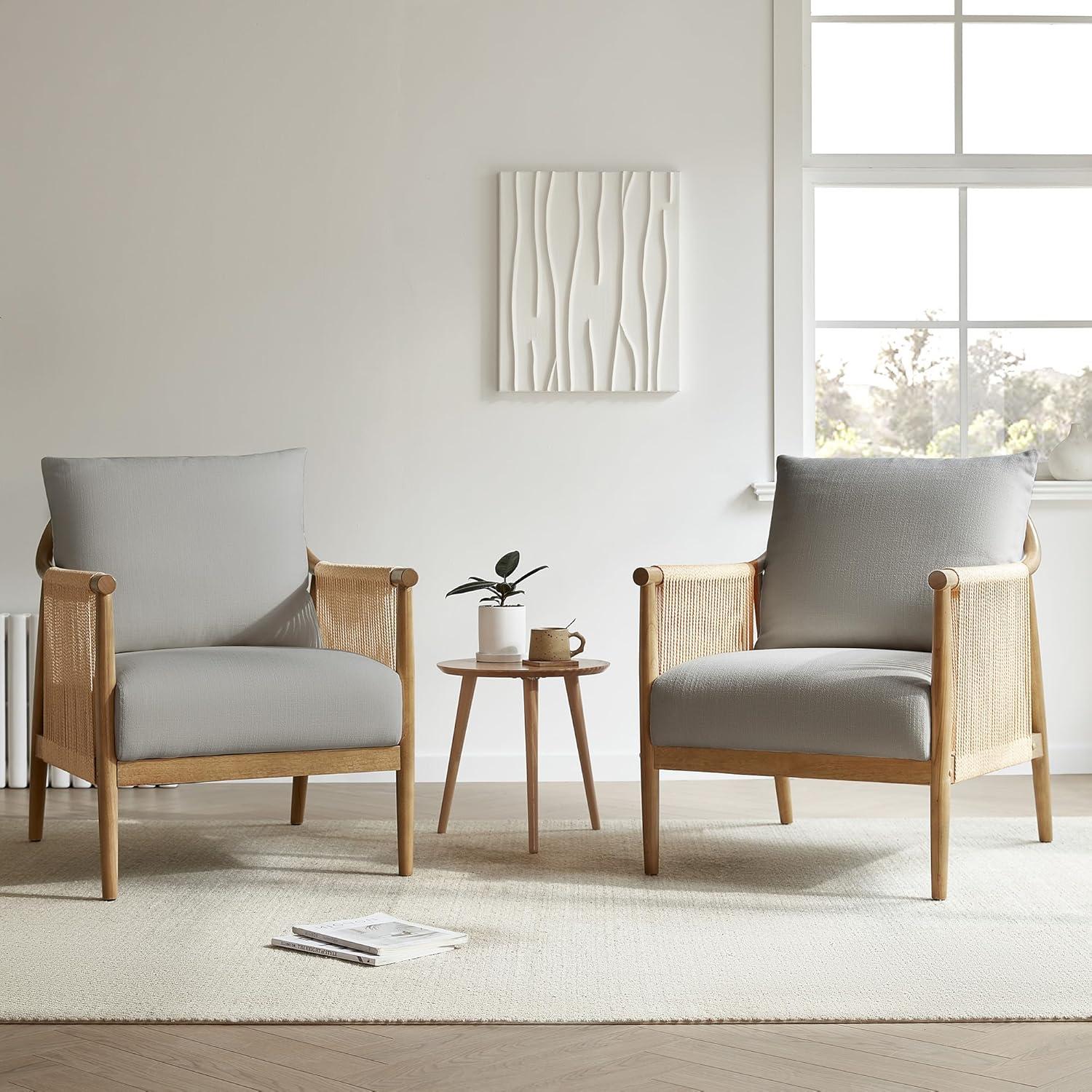image:imageCHITA Braid Accent Chair Modern Armchair with Solid Wooden Armrest for Living Room and Bedroom Boho Reading Chair CreamLight Grey