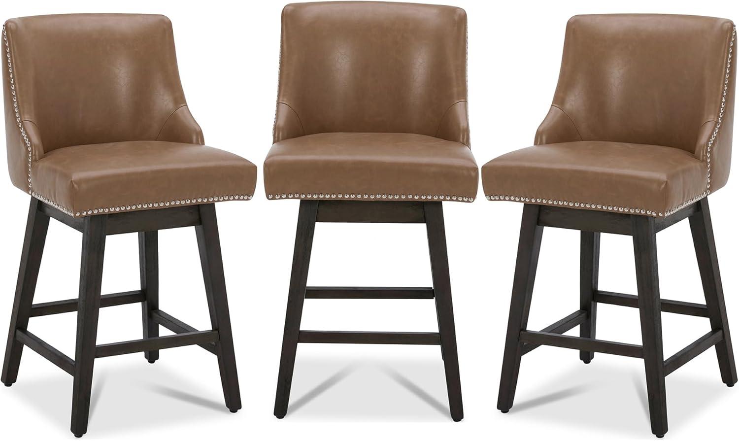image:imageCHITA Counter Height Swivel Bar Stools Set of 2 FSC Certified Upholstered Counter Stools Modern Swivel Barstools with Wood Legs for Kitchen Island 26 Seat Height Fabric in LinenSaddle Brown