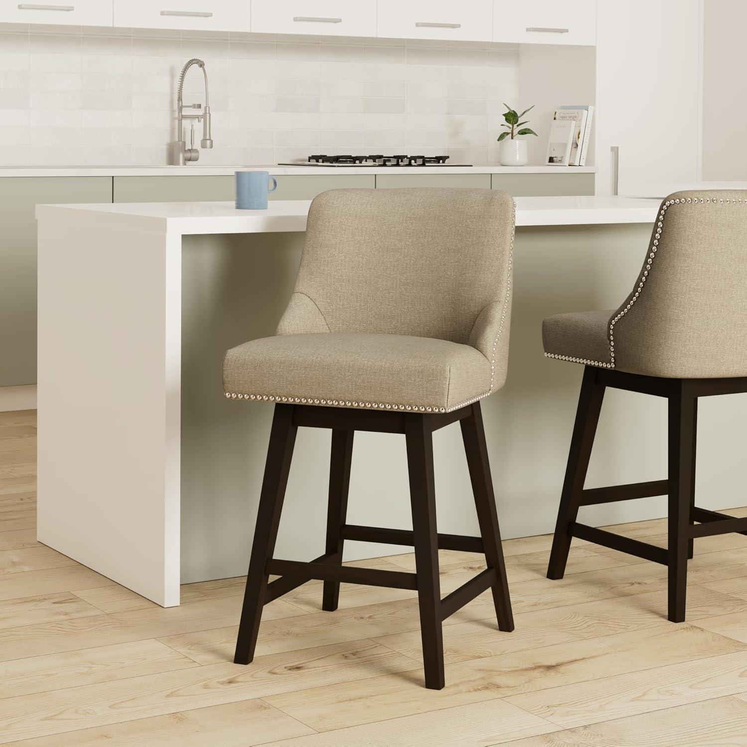 image:imageCHITA Counter Height Swivel Bar Stools Set of 2 FSC Certified Upholstered Counter Stools Modern Swivel Barstools with Wood Legs for Kitchen Island 26 Seat Height Fabric in LinenTan