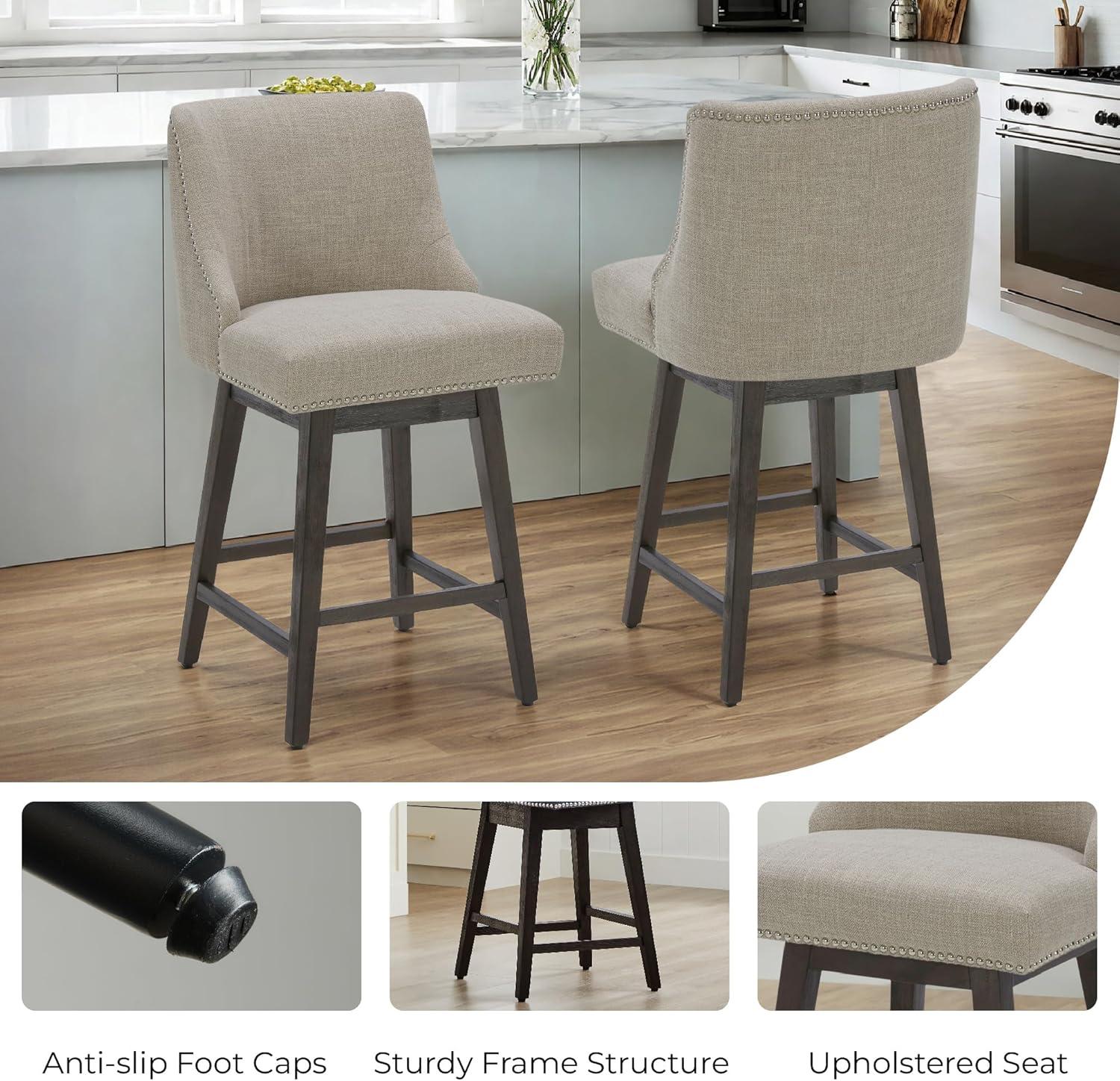 image:imageCHITA Counter Height Swivel Bar Stools Set of 2 FSC Certified Upholstered Counter Stools Modern Swivel Barstools with Wood Legs for Kitchen Island 26 Seat Height Fabric in LinenTan