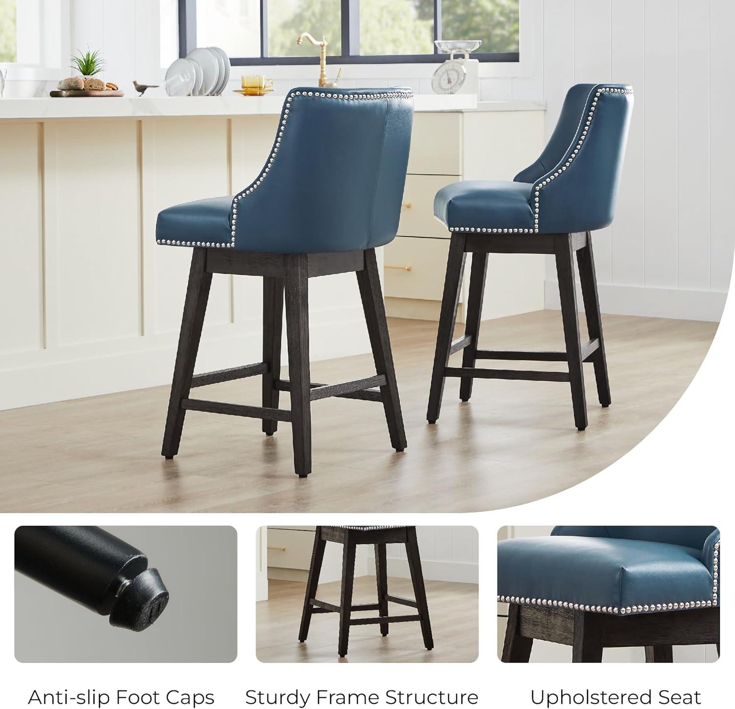 image:imageCHITA Counter Height Swivel Bar Stools Set of 2 FSC Certified Upholstered Counter Stools Modern Swivel Barstools with Wood Legs for Kitchen Island 26 Seat Height Fabric in LinenBlue