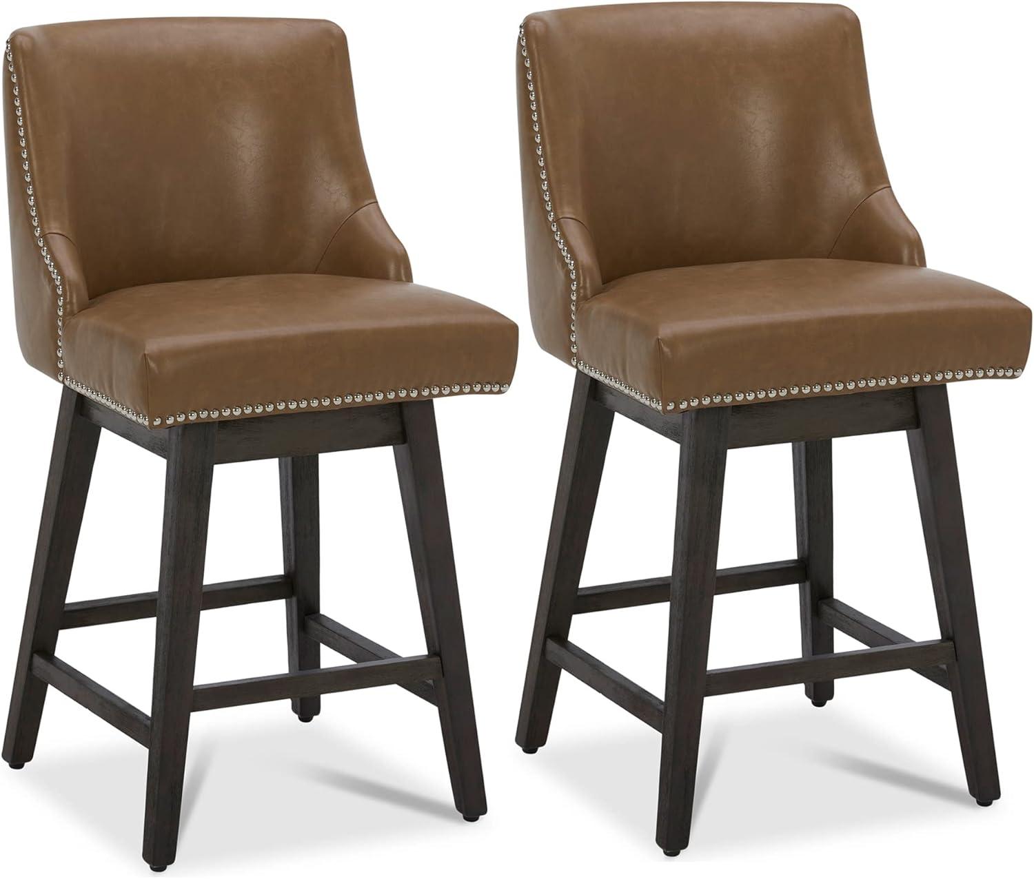 image:imageCHITA Counter Height Swivel Bar Stools Set of 2 FSC Certified Upholstered Counter Stools Modern Swivel Barstools with Wood Legs for Kitchen Island 26 Seat Height Fabric in LinenSaddle Brown