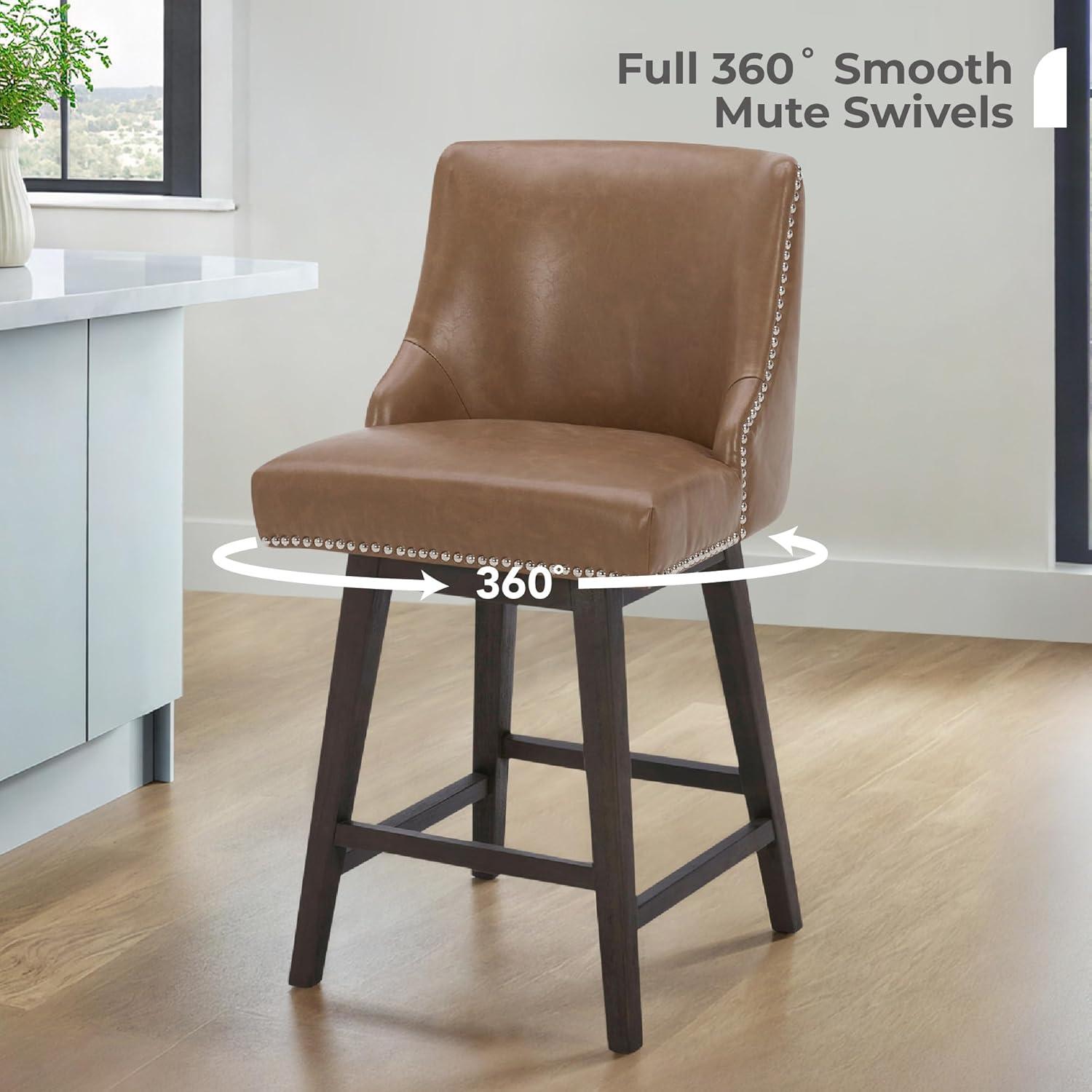 image:imageCHITA Counter Height Swivel Bar Stools Set of 2 FSC Certified Upholstered Counter Stools Modern Swivel Barstools with Wood Legs for Kitchen Island 26 Seat Height Fabric in LinenSaddle Brown