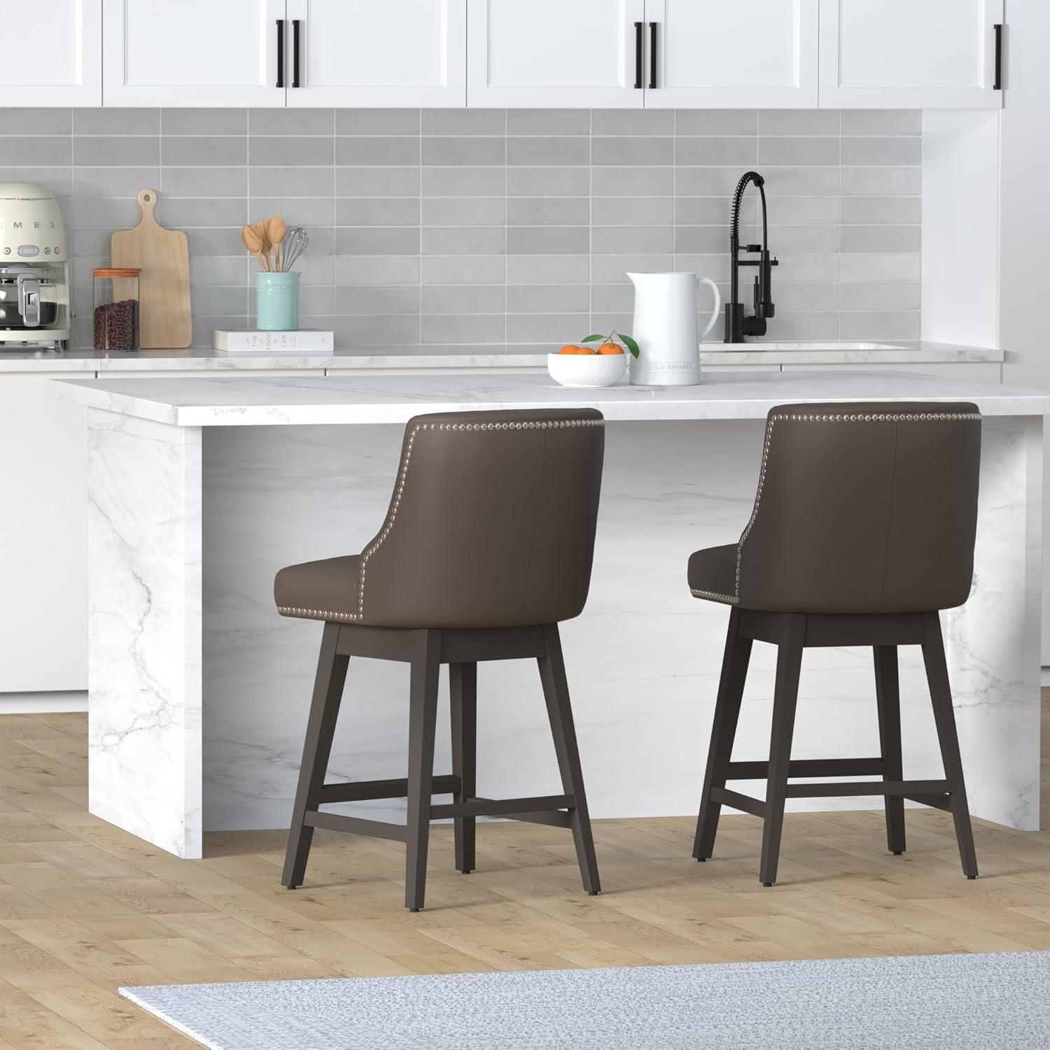 image:imageCHITA Counter Height Swivel Bar Stools Set of 2 FSC Certified Upholstered Counter Stools Modern Swivel Barstools with Wood Legs for Kitchen Island 26 Seat Height Fabric in LinenChocolate