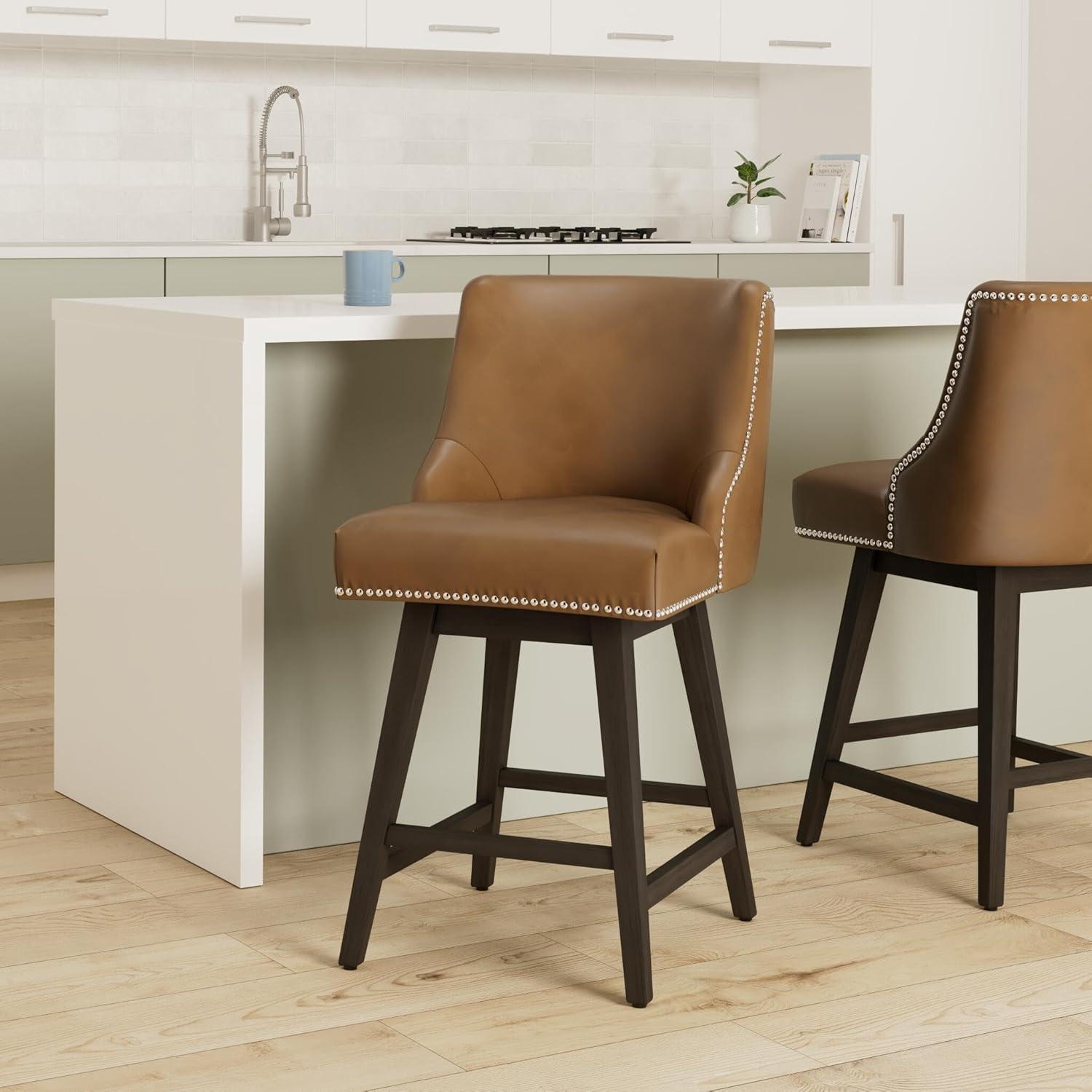 image:imageCHITA Counter Height Swivel Bar Stools Set of 2 FSC Certified Upholstered Counter Stools Modern Swivel Barstools with Wood Legs for Kitchen Island 26 Seat Height Fabric in LinenSaddle Brown