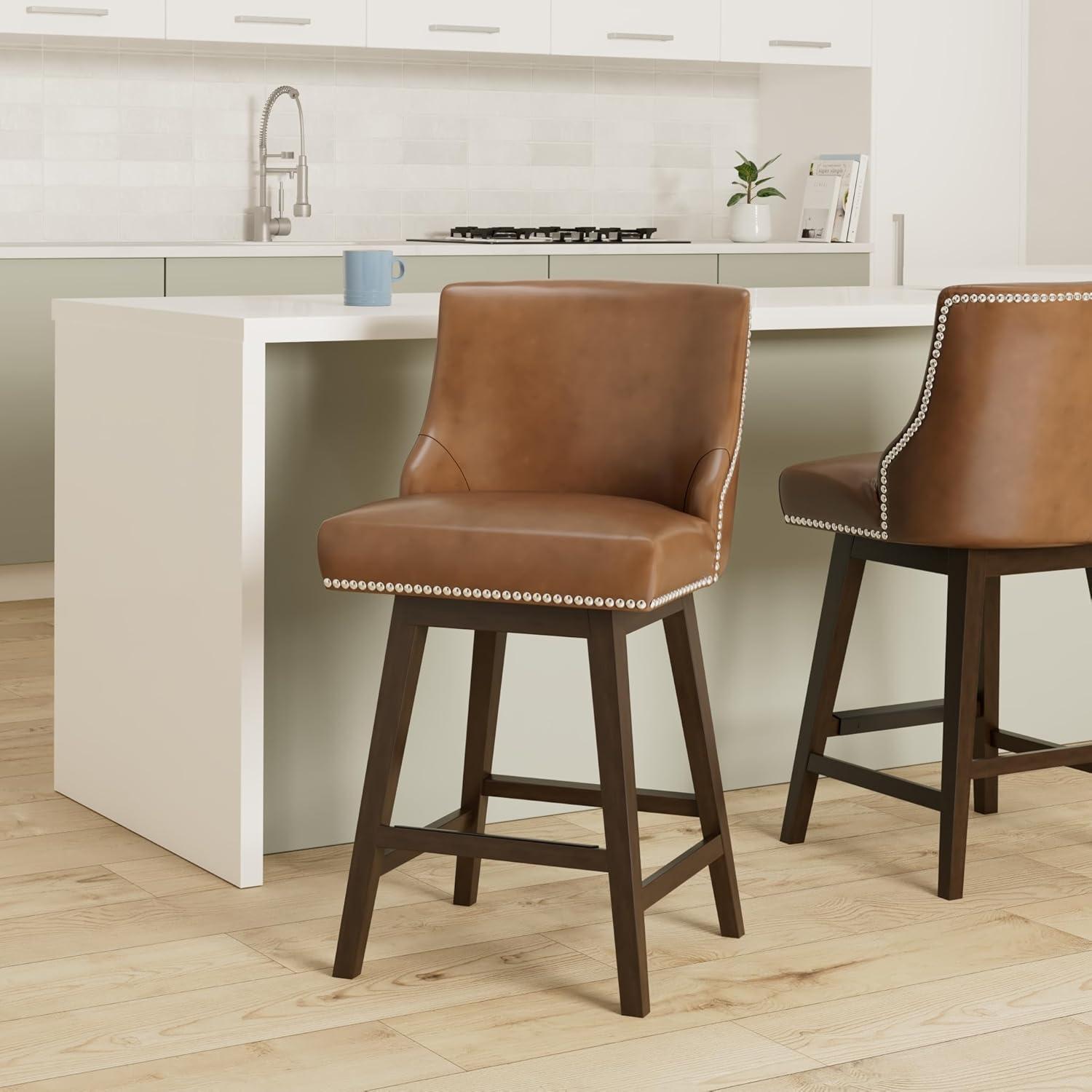 image:imageCHITA Counter Height Swivel Bar Stools Set of 2 FSC Certified Upholstered Counter Stools Modern Swivel Barstools with Wood Legs for Kitchen Island 26 Seat Height Fabric in LinenSaddle Brown
