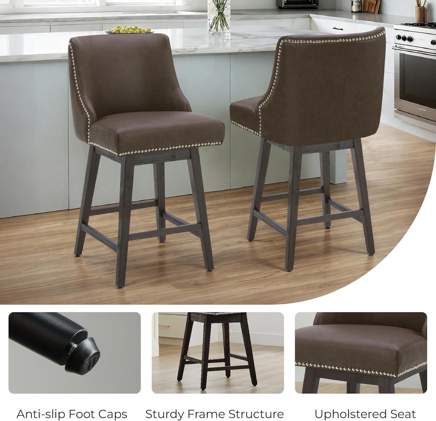 image:imageCHITA Counter Height Swivel Bar Stools Set of 2 FSC Certified Upholstered Counter Stools Modern Swivel Barstools with Wood Legs for Kitchen Island 26 Seat Height Fabric in LinenChocolate