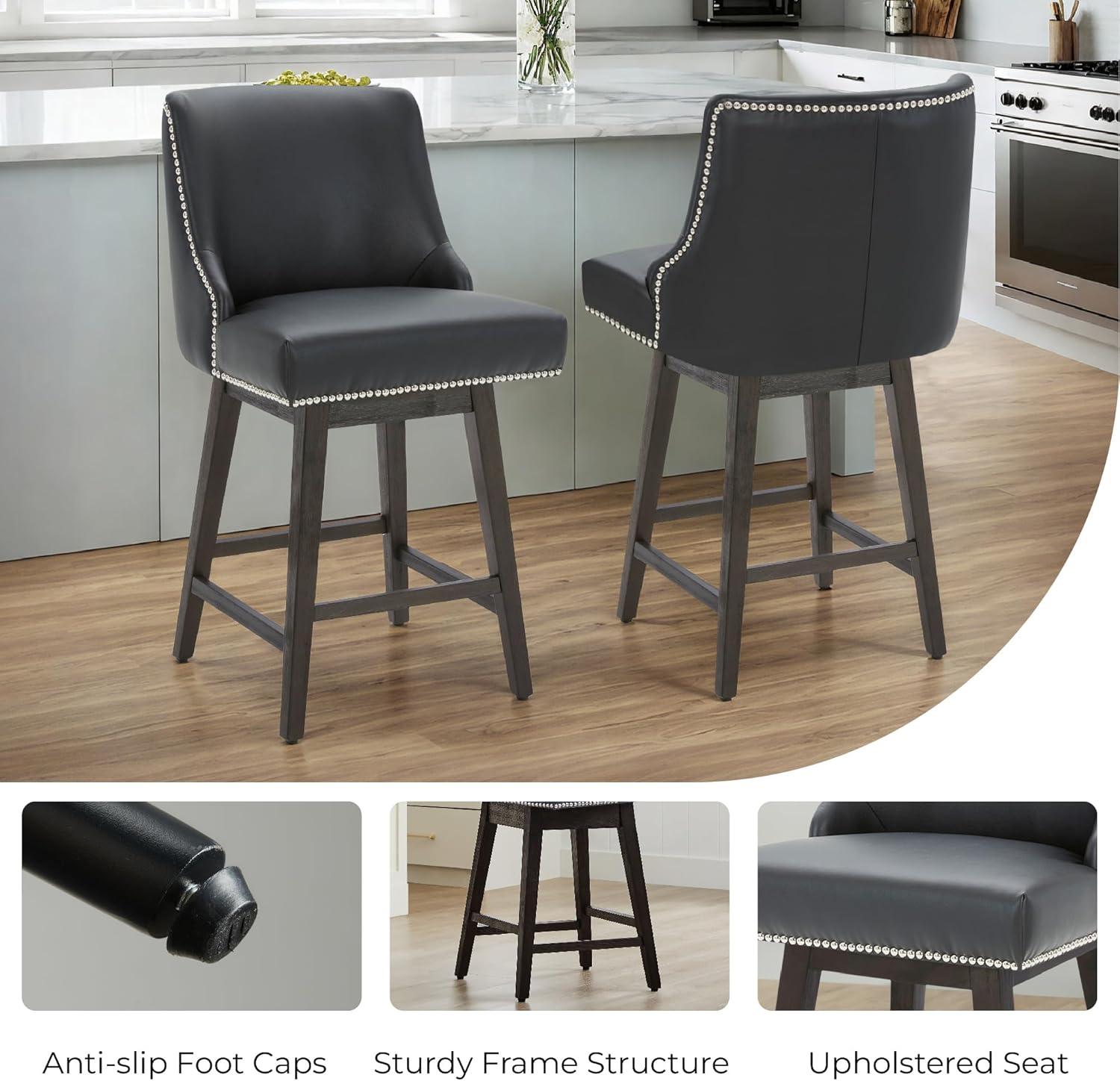 image:imageCHITA Counter Height Swivel Bar Stools Set of 2 FSC Certified Upholstered Counter Stools Modern Swivel Barstools with Wood Legs for Kitchen Island 26 Seat Height Fabric in LinenBlack