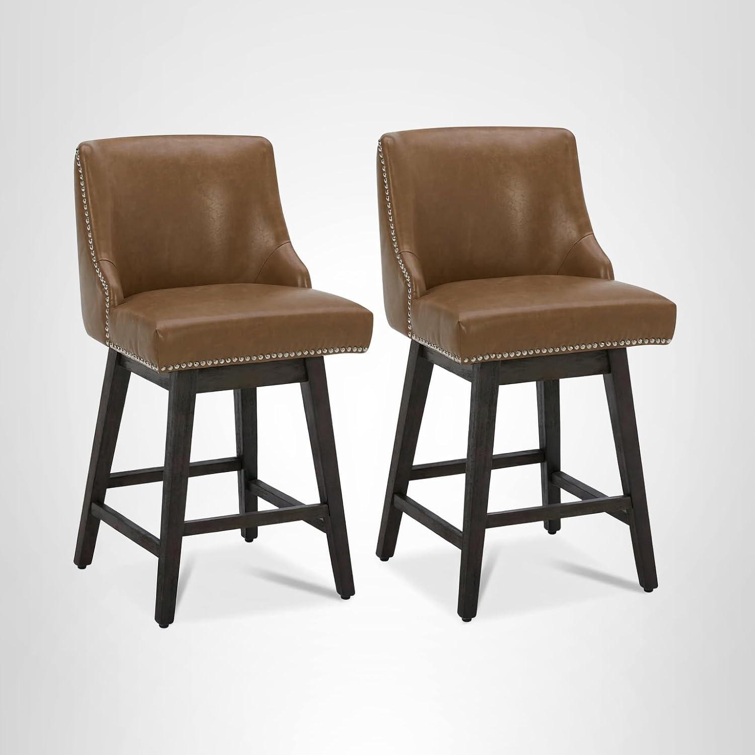 image:imageCHITA Counter Height Swivel Bar Stools Set of 2 FSC Certified Upholstered Counter Stools Modern Swivel Barstools with Wood Legs for Kitchen Island 26 Seat Height Fabric in LinenSaddle Brown