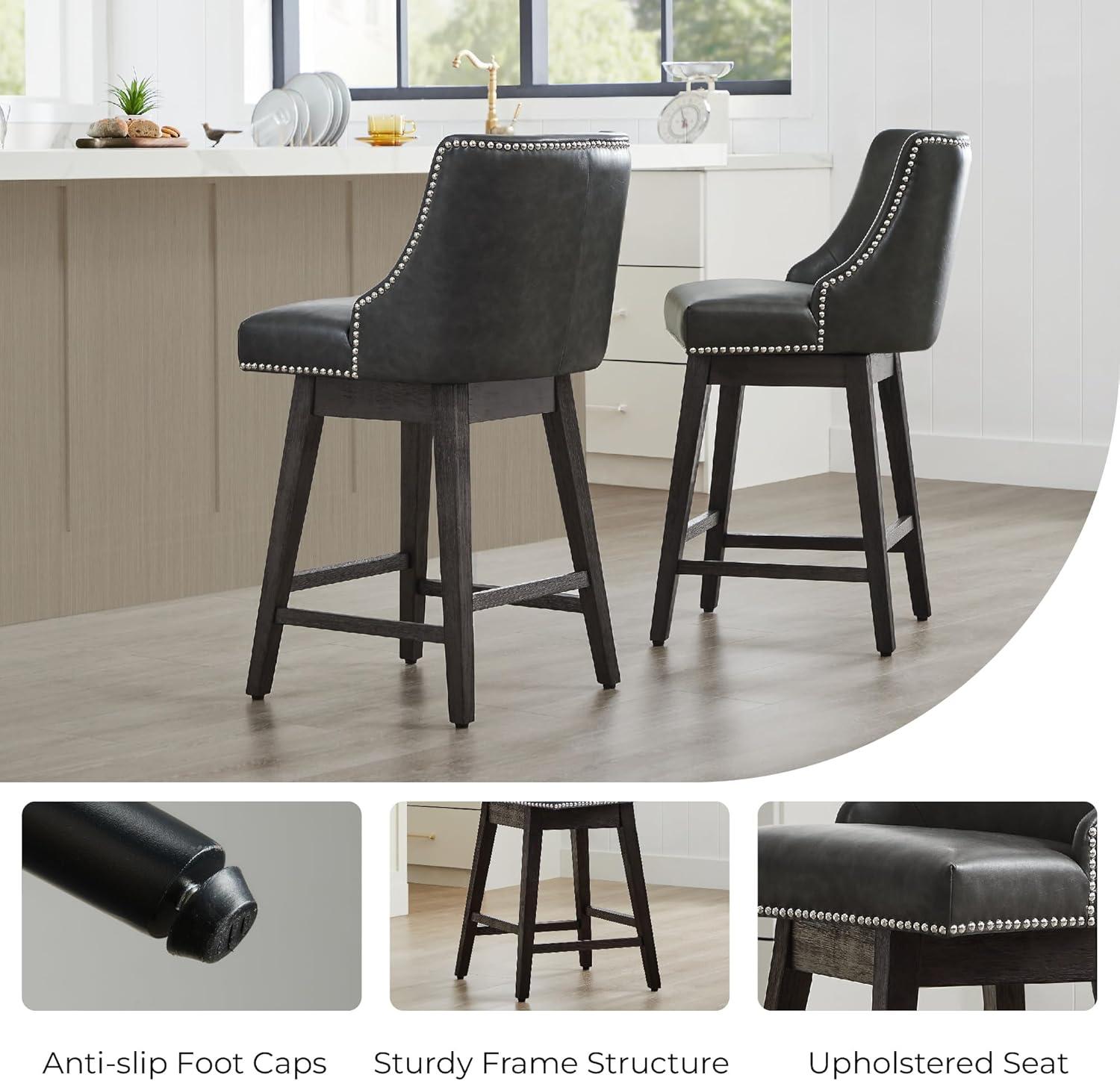image:imageCHITA Counter Height Swivel Bar Stools Set of 2 FSC Certified Upholstered Counter Stools Modern Swivel Barstools with Wood Legs for Kitchen Island 26 Seat Height Fabric in LinenRetro Grey