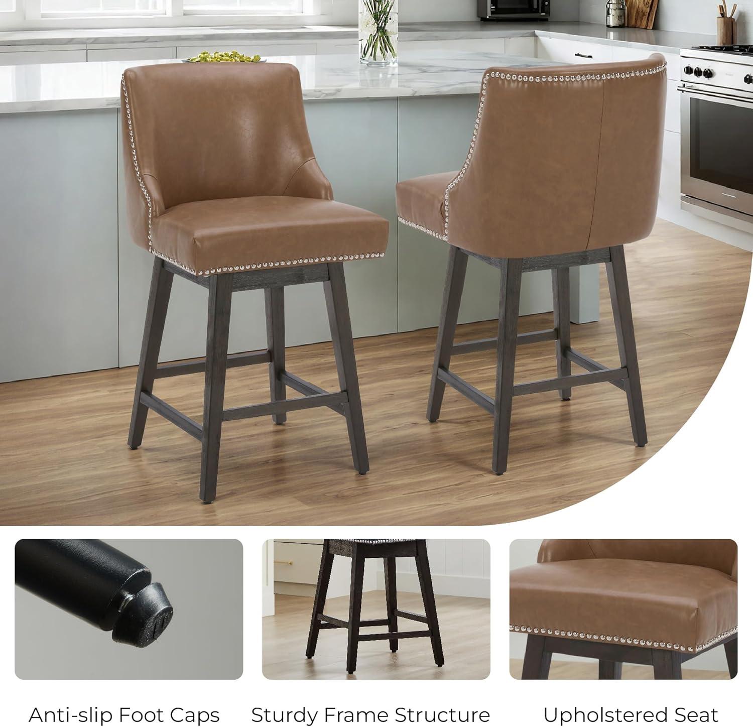 image:imageCHITA Counter Height Swivel Bar Stools Set of 2 FSC Certified Upholstered Counter Stools Modern Swivel Barstools with Wood Legs for Kitchen Island 26 Seat Height Fabric in LinenSaddle Brown