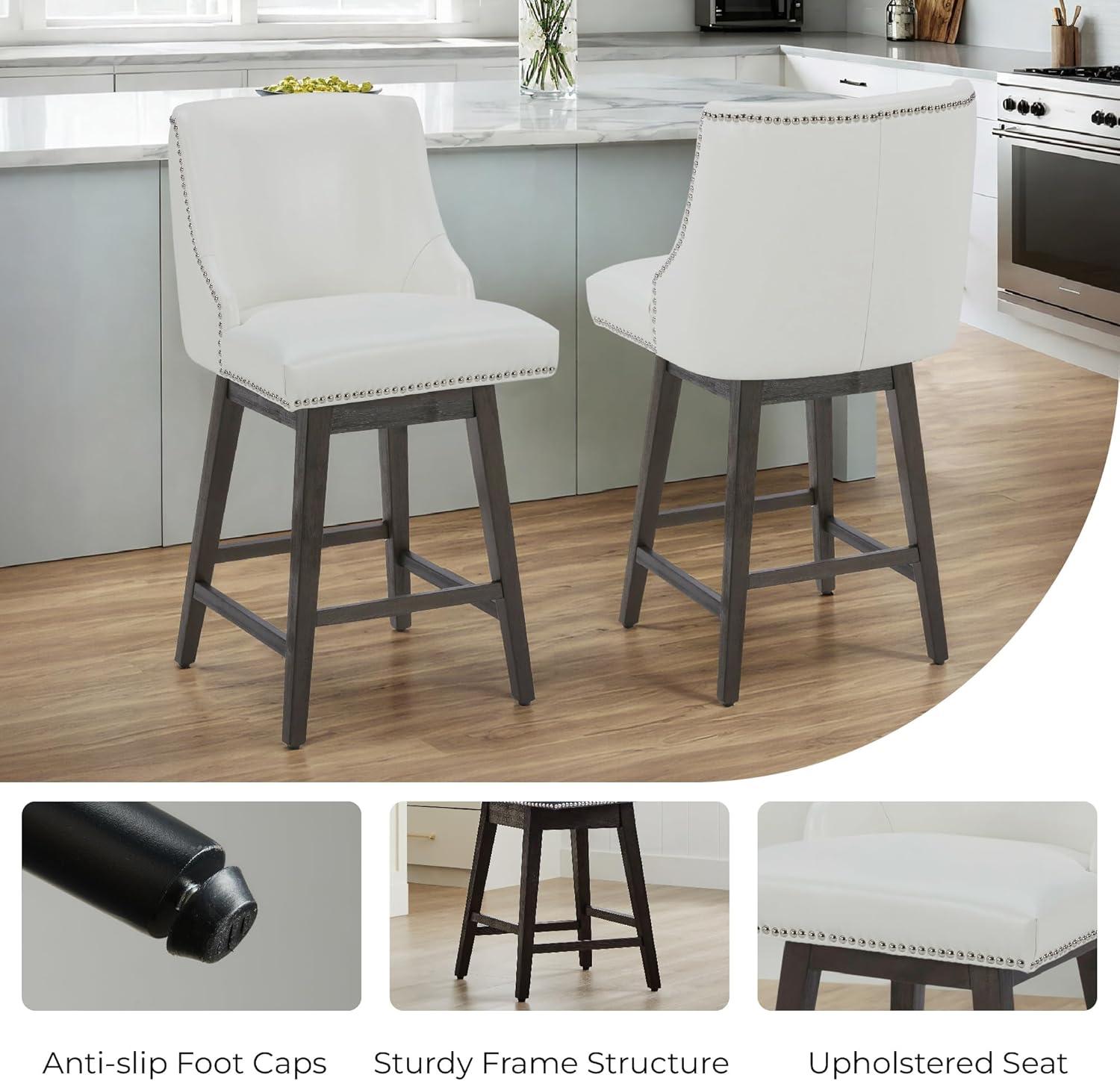 image:imageCHITA Counter Height Swivel Bar Stools Set of 2 FSC Certified Upholstered Counter Stools Modern Swivel Barstools with Wood Legs for Kitchen Island 26 Seat Height Fabric in LinenWhite