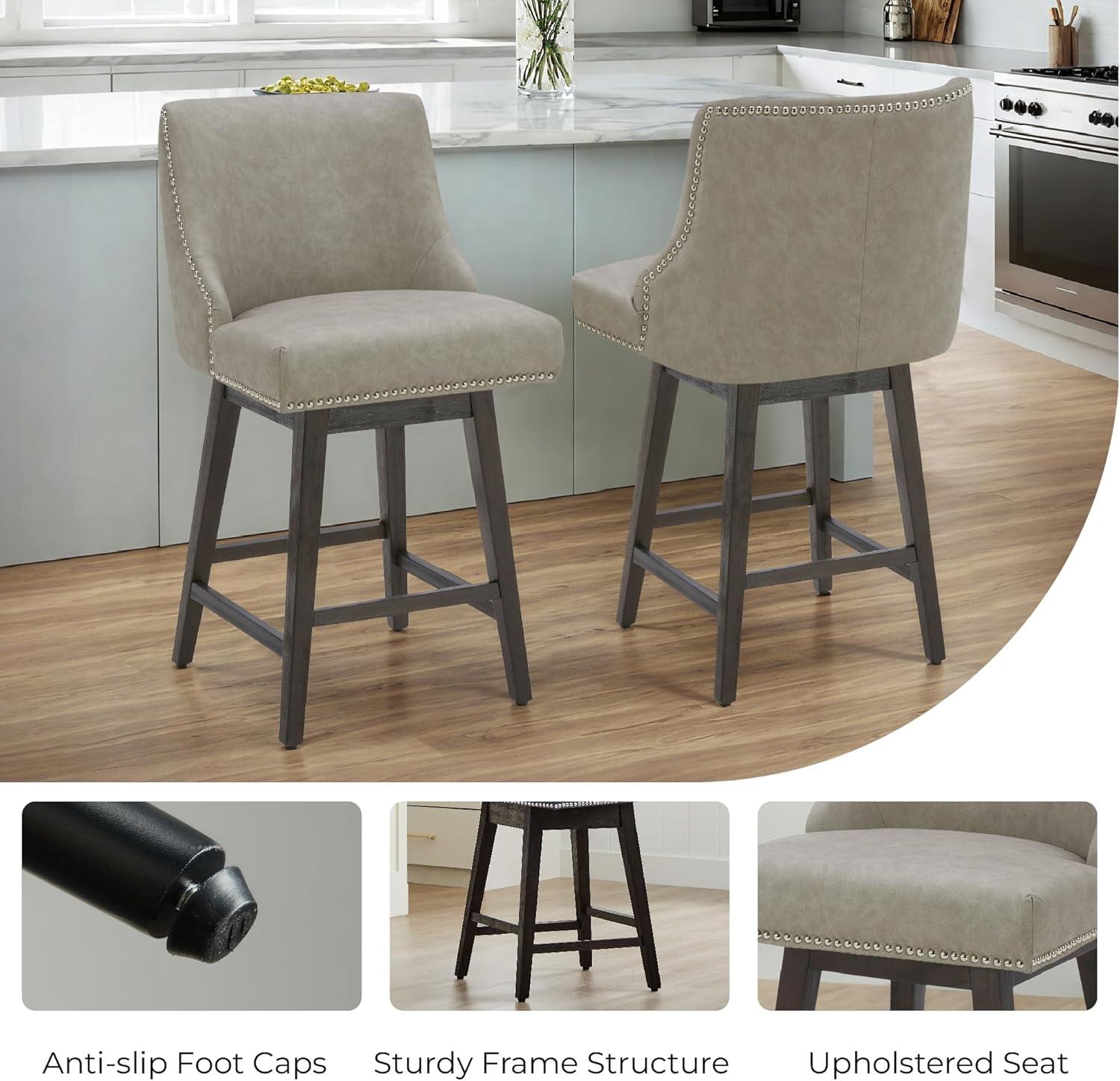 image:imageCHITA Counter Height Swivel Bar Stools Set of 2 FSC Certified Upholstered Counter Stools Modern Swivel Barstools with Wood Legs for Kitchen Island 26 Seat Height Fabric in LinenStone Grey
