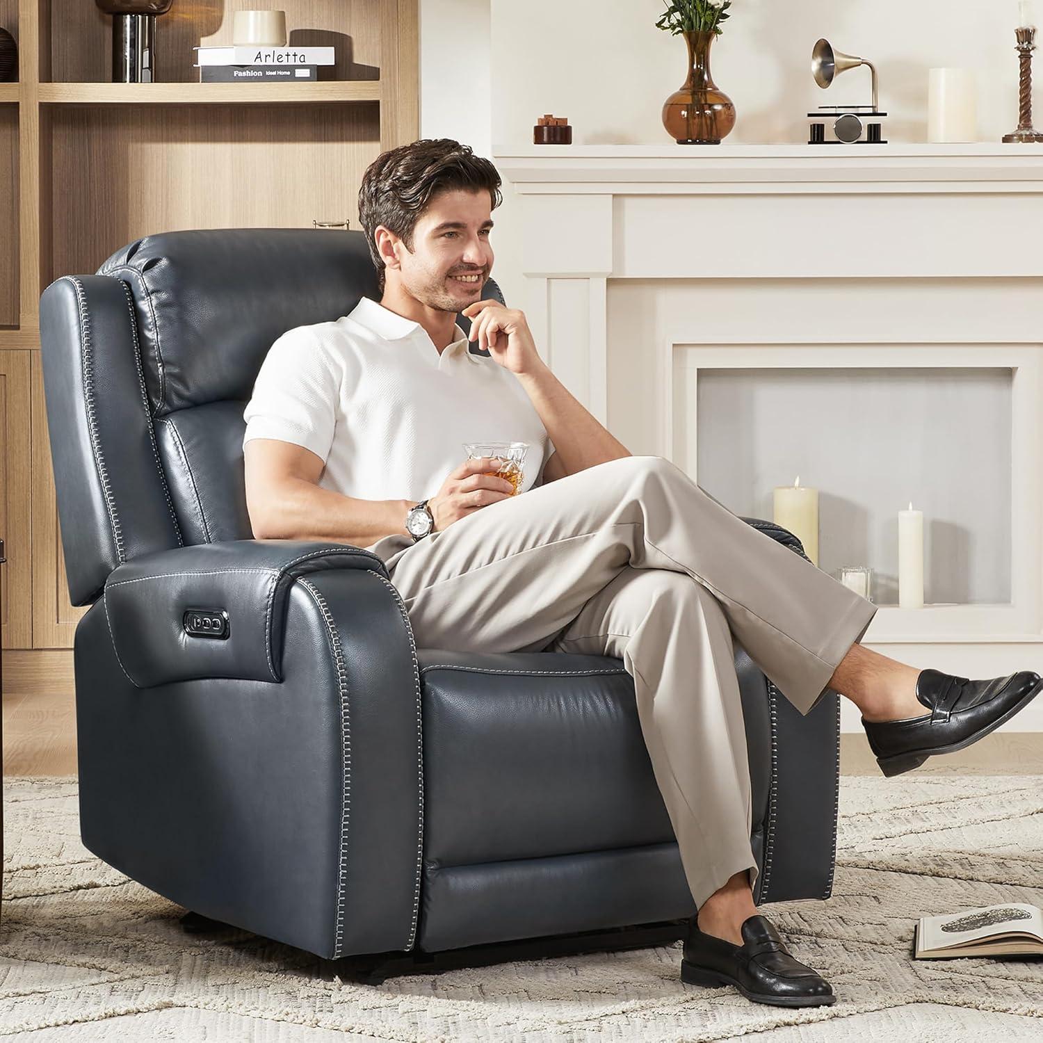 image:imageCHITA Genuine Leather Power Recliner Chair for Adults Electric Wall Hugger Recliner with Adjustable Power Headrest amp USBTypeC Ports Compact for Small Spaces amp Living Rooms Saddle BrownNavy Blue