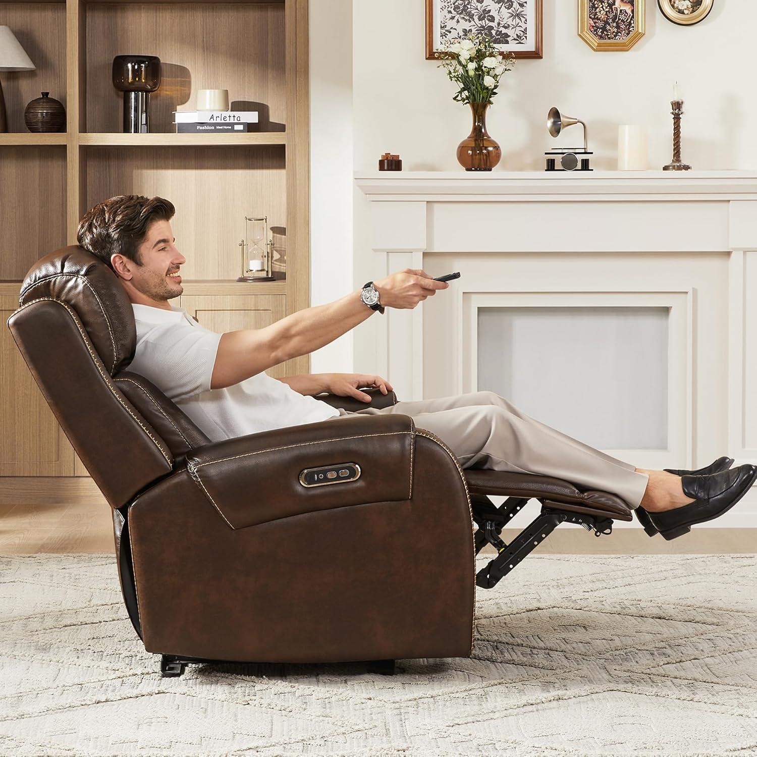 image:imageCHITA Genuine Leather Power Recliner Chair for Adults Electric Wall Hugger Recliner with Adjustable Power Headrest amp USBTypeC Ports Compact for Small Spaces amp Living Rooms Saddle BrownDark Brown