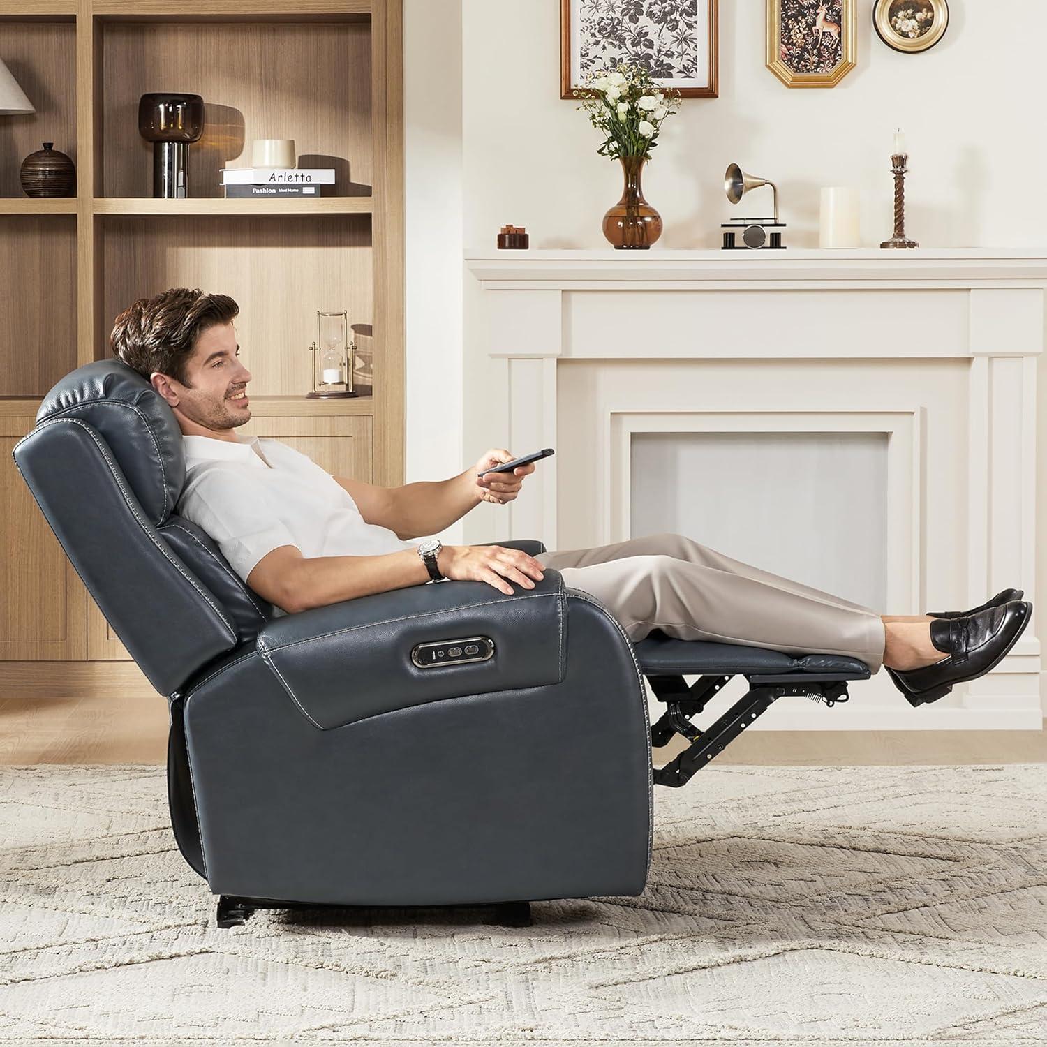 image:imageCHITA Genuine Leather Power Recliner Chair for Adults Electric Wall Hugger Recliner with Adjustable Power Headrest amp USBTypeC Ports Compact for Small Spaces amp Living Rooms Saddle BrownNavy Blue