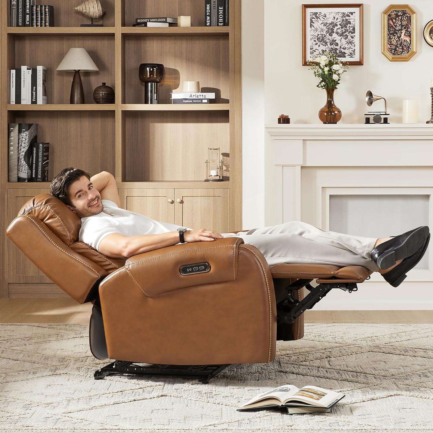 image:imageCHITA Genuine Leather Power Recliner Chair for Adults Electric Wall Hugger Recliner with Adjustable Power Headrest amp USBTypeC Ports Compact for Small Spaces amp Living Rooms Saddle BrownSaddle