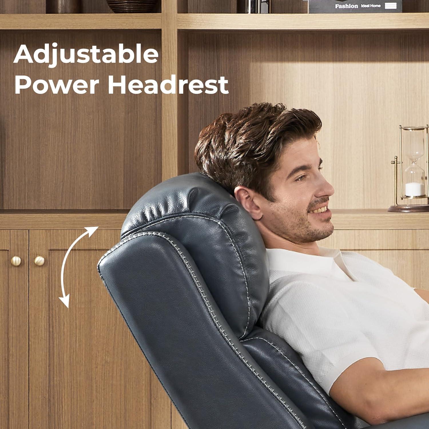 image:imageCHITA Genuine Leather Power Recliner Chair for Adults Electric Wall Hugger Recliner with Adjustable Power Headrest amp USBTypeC Ports Compact for Small Spaces amp Living Rooms Saddle BrownNavy Blue