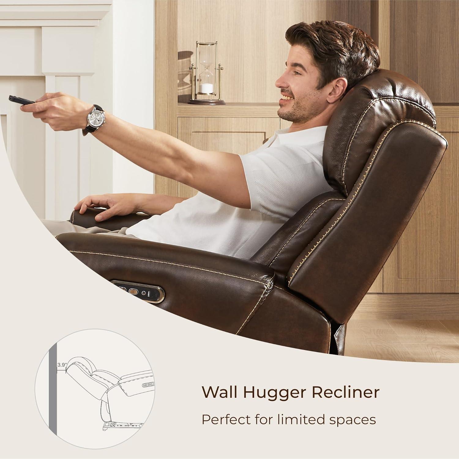 image:imageCHITA Genuine Leather Power Recliner Chair for Adults Electric Wall Hugger Recliner with Adjustable Power Headrest amp USBTypeC Ports Compact for Small Spaces amp Living Rooms Saddle BrownDark Brown