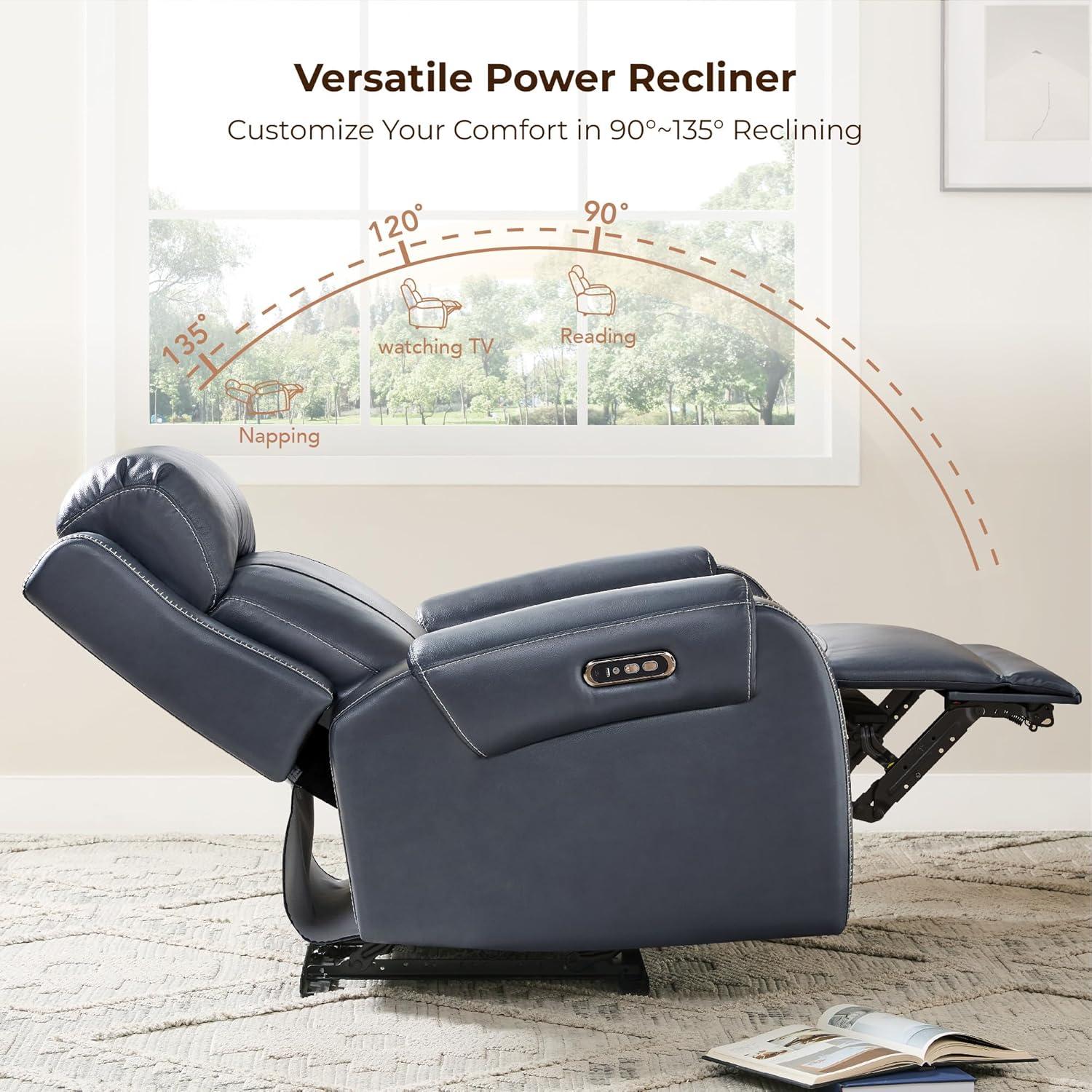 image:imageCHITA Genuine Leather Power Recliner Chair for Adults Electric Wall Hugger Recliner with Adjustable Power Headrest amp USBTypeC Ports Compact for Small Spaces amp Living Rooms Saddle BrownNavy Blue
