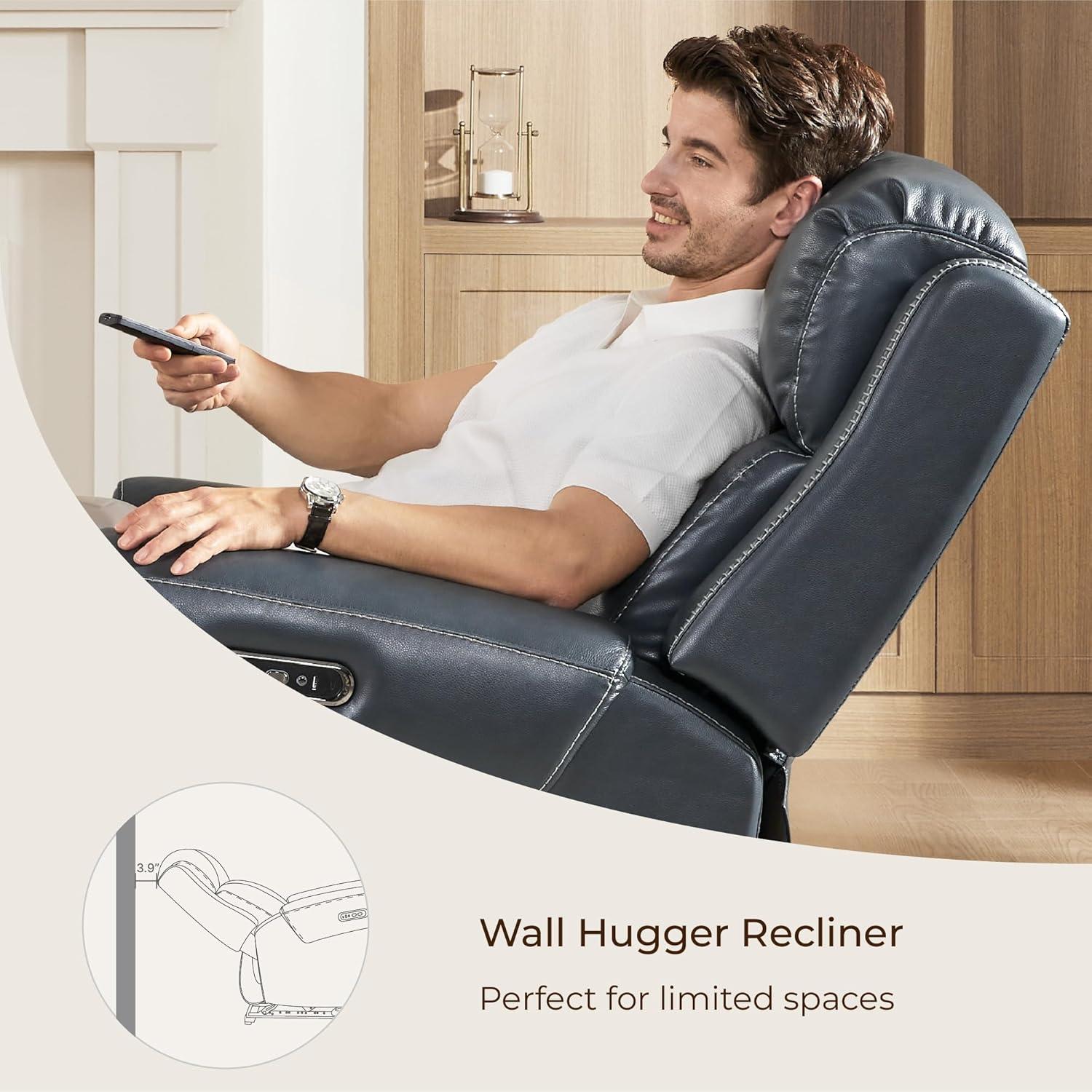 image:imageCHITA Genuine Leather Power Recliner Chair for Adults Electric Wall Hugger Recliner with Adjustable Power Headrest amp USBTypeC Ports Compact for Small Spaces amp Living Rooms Saddle BrownNavy Blue