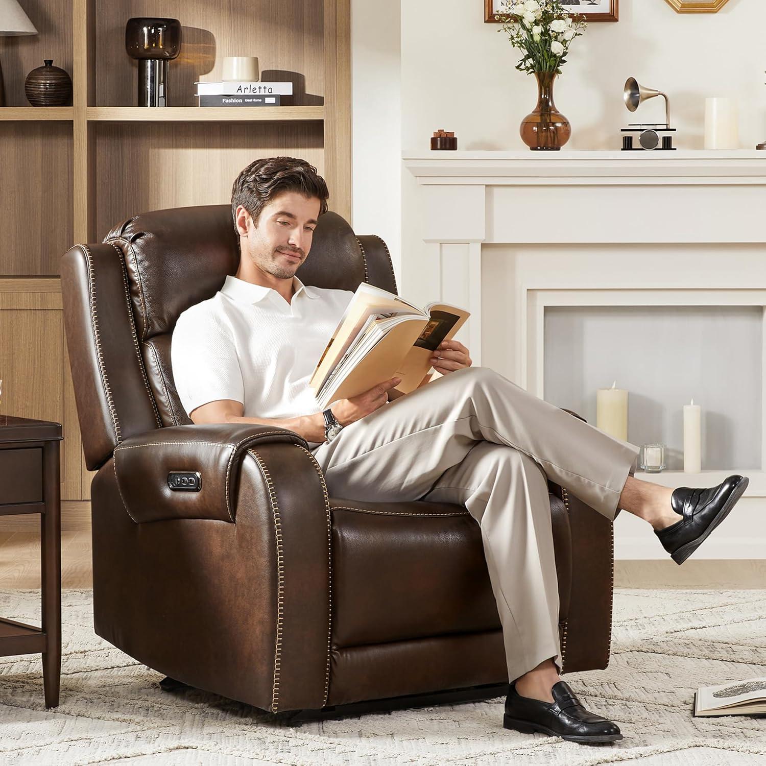 image:imageCHITA Genuine Leather Power Recliner Chair for Adults Electric Wall Hugger Recliner with Adjustable Power Headrest amp USBTypeC Ports Compact for Small Spaces amp Living Rooms Saddle BrownDark Brown