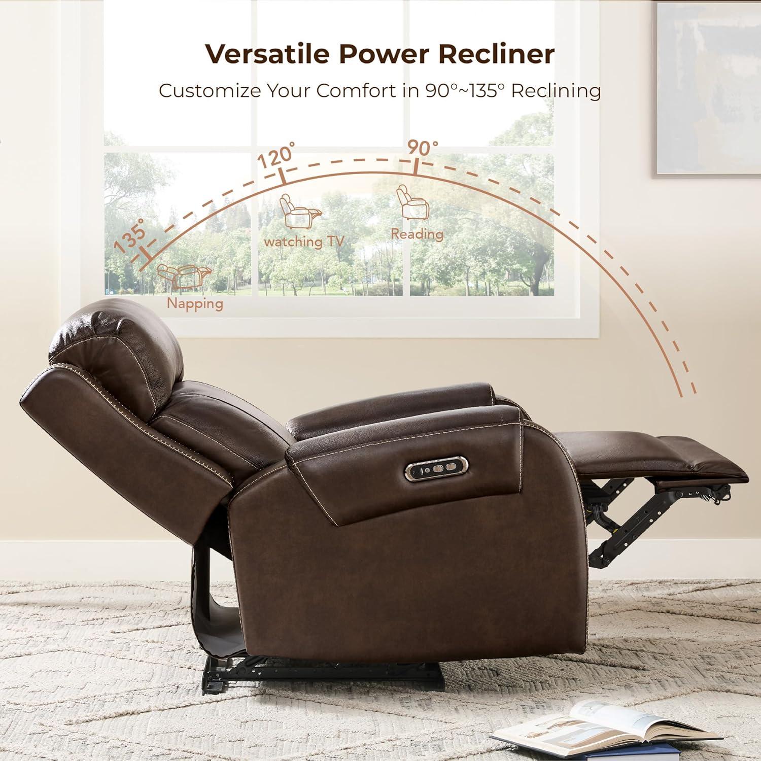 image:imageCHITA Genuine Leather Power Recliner Chair for Adults Electric Wall Hugger Recliner with Adjustable Power Headrest amp USBTypeC Ports Compact for Small Spaces amp Living Rooms Saddle BrownDark Brown