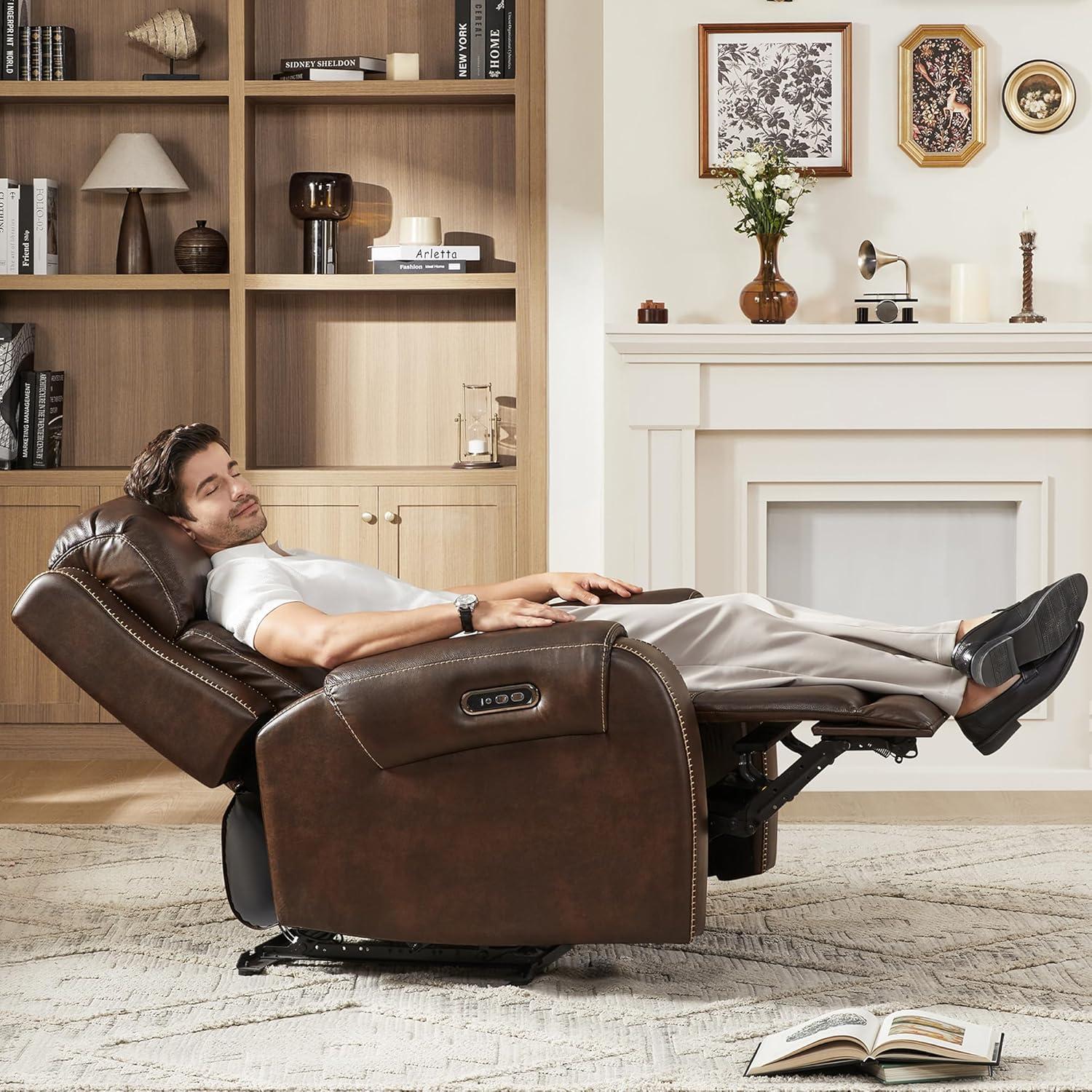 image:imageCHITA Genuine Leather Power Recliner Chair for Adults Electric Wall Hugger Recliner with Adjustable Power Headrest amp USBTypeC Ports Compact for Small Spaces amp Living Rooms Saddle BrownDark Brown