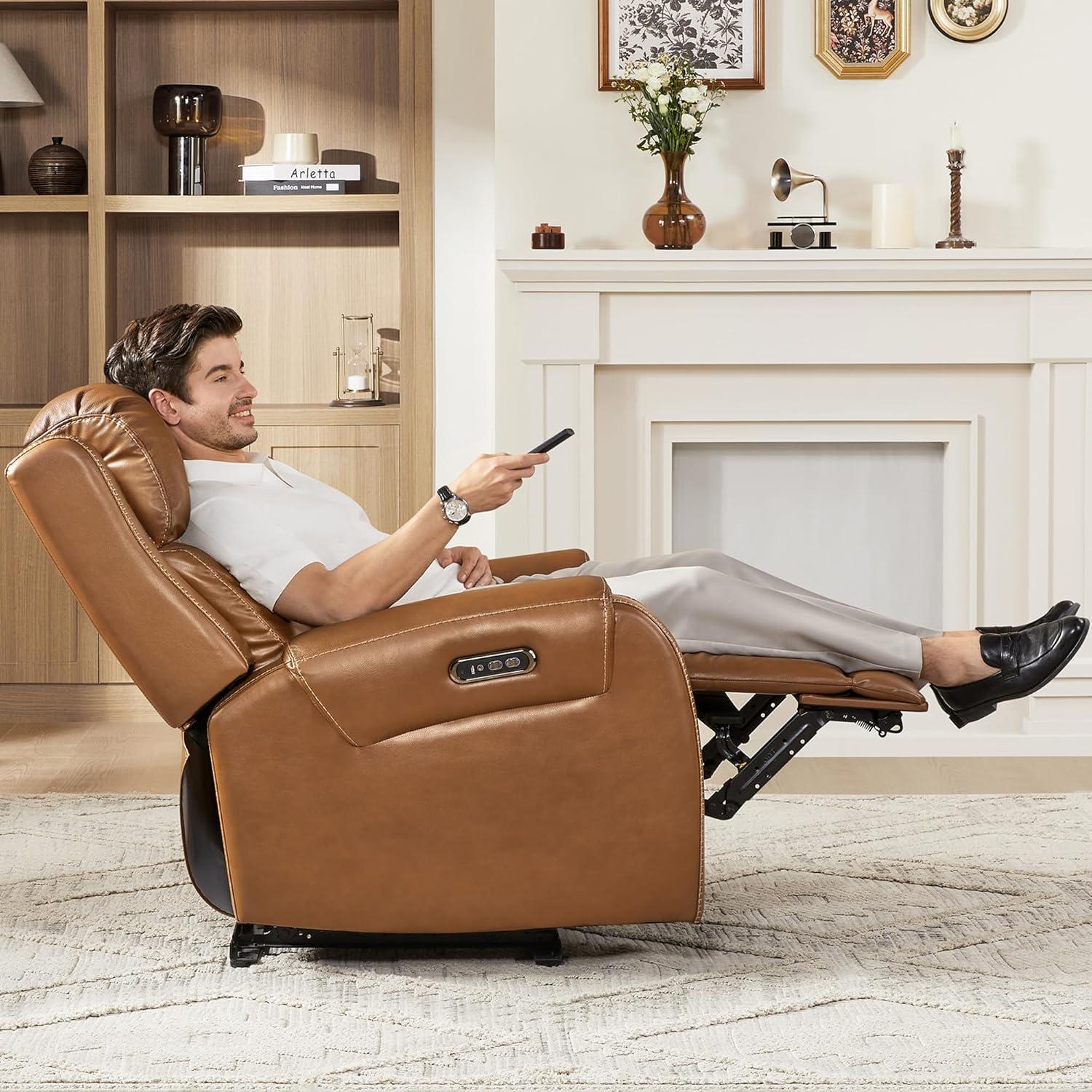 image:imageCHITA Genuine Leather Power Recliner Chair for Adults Electric Wall Hugger Recliner with Adjustable Power Headrest amp USBTypeC Ports Compact for Small Spaces amp Living Rooms Saddle BrownSaddle