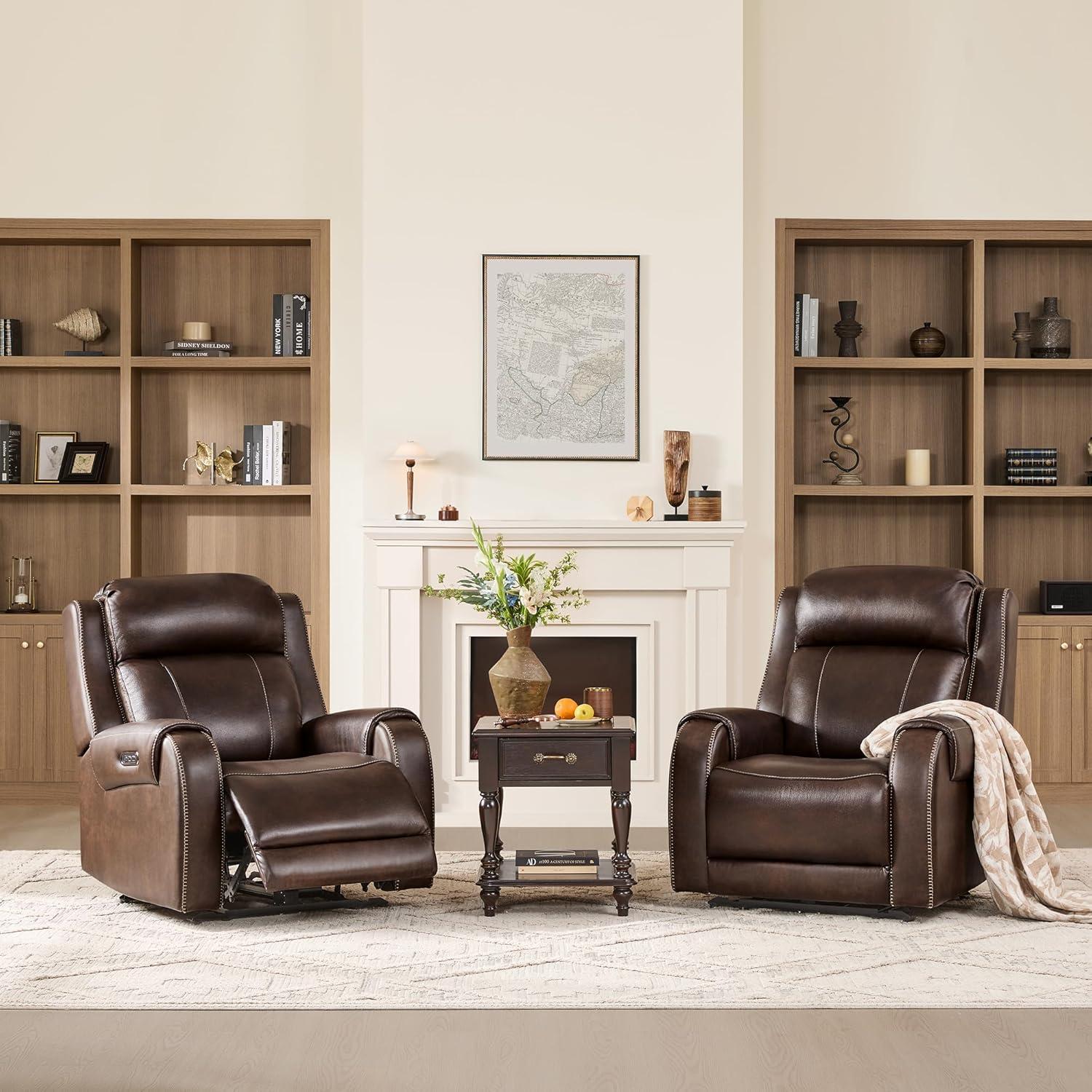 image:imageCHITA Genuine Leather Power Recliner Chair for Adults Electric Wall Hugger Recliner with Adjustable Power Headrest amp USBTypeC Ports Compact for Small Spaces amp Living Rooms Saddle BrownDark Brown