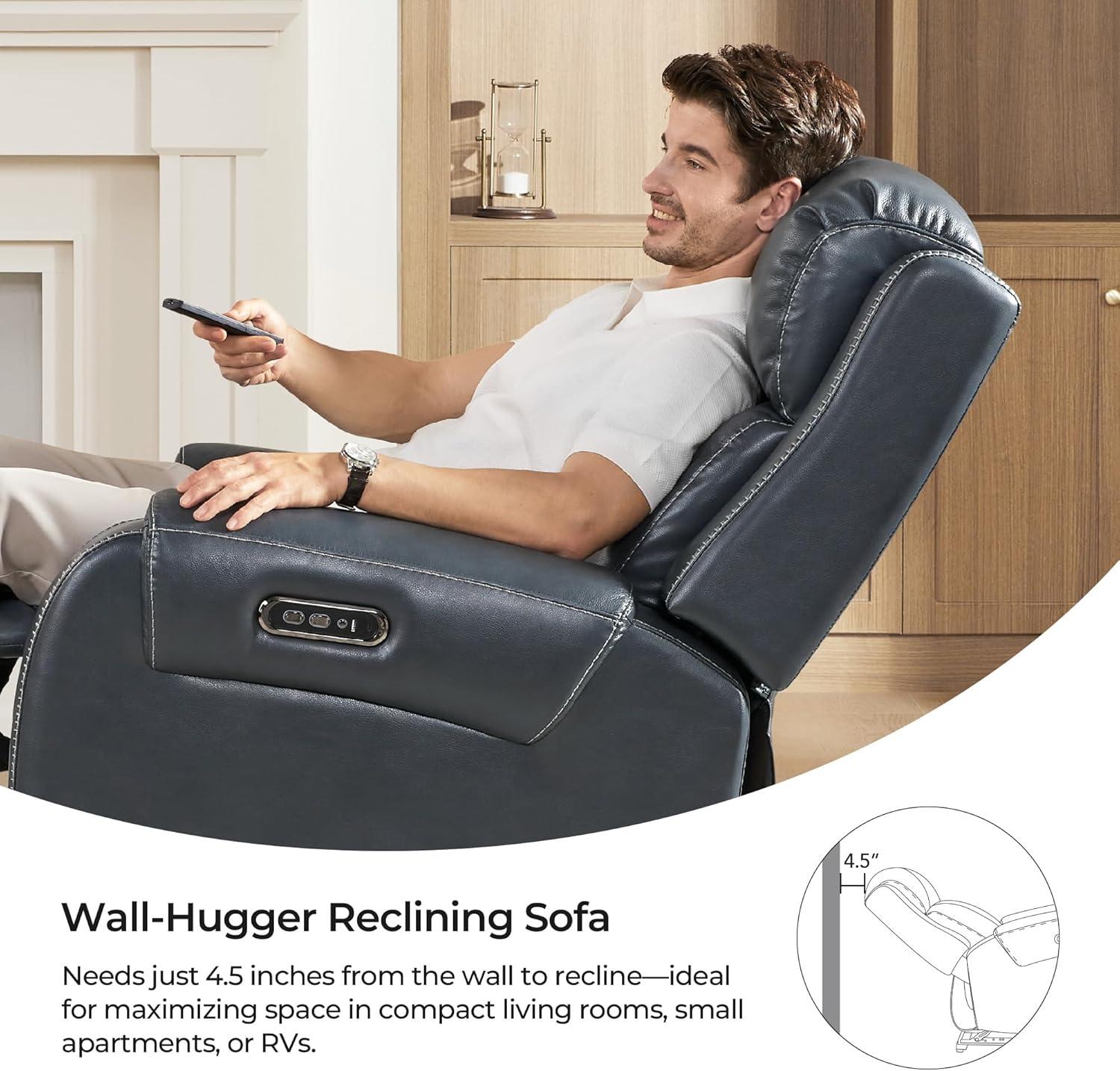 image:imageCHITA Genuine Leather Power Recliner Sofa Wall Hugger Reclining Loveseat with Console Power Headrest Dual Motor Wireless amp USB Charging Ports Recliner Couch for Living Room RV Leather in SaddleNavy