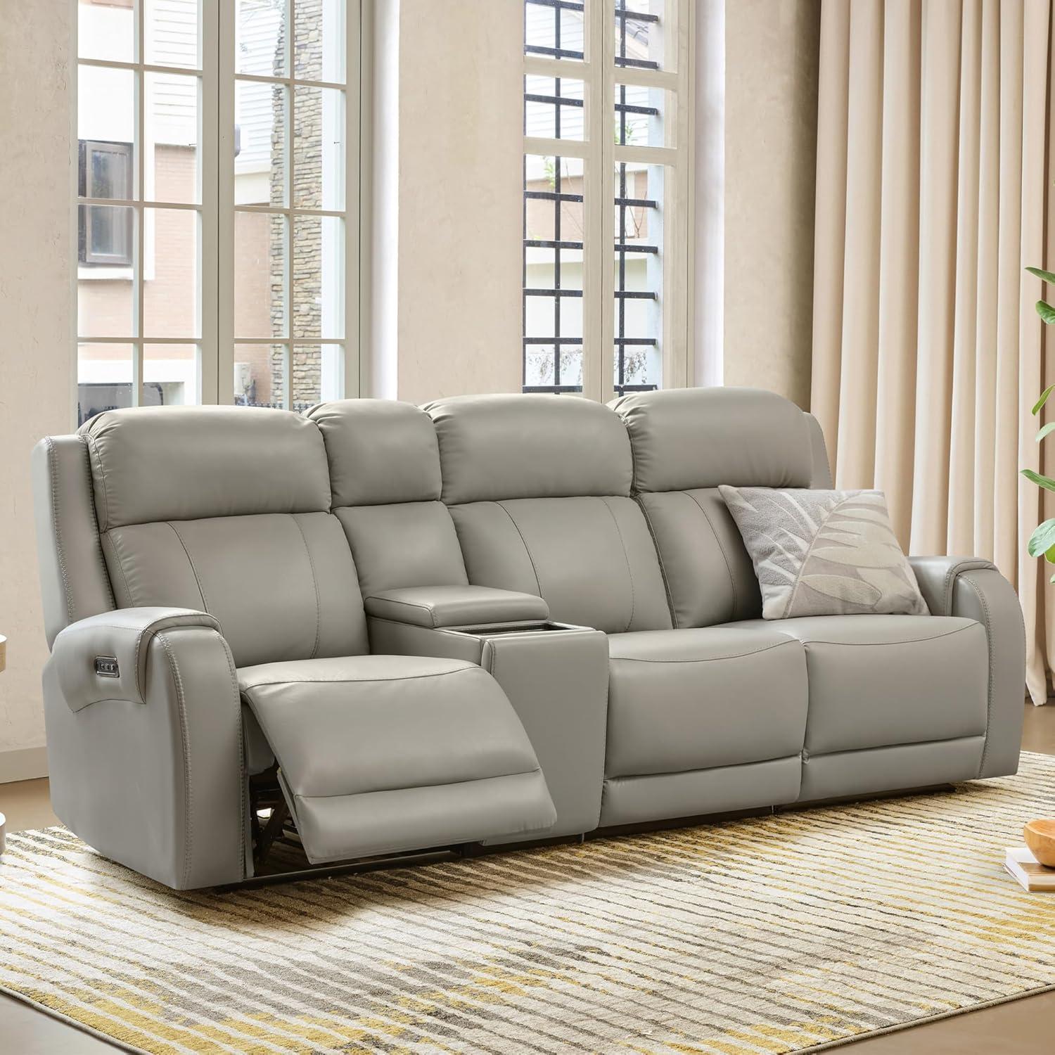 image:imageCHITA Genuine Leather Power Recliner Sofa Wall Hugger Reclining Loveseat with Console Power Headrest Dual Motor Wireless amp USB Charging Ports Recliner Couch for Living Room RV Leather in SaddleLight Gray