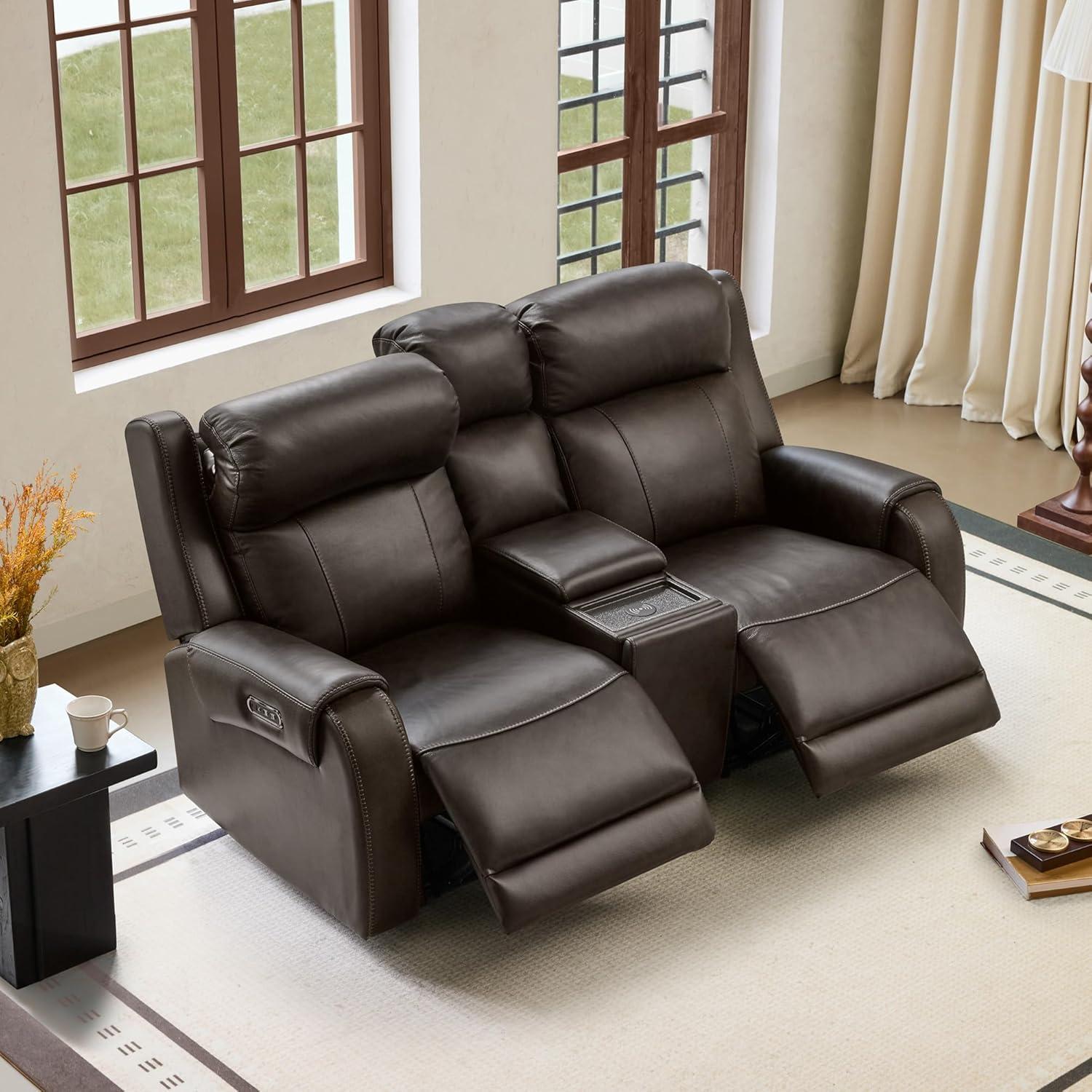 image:imageCHITA Genuine Leather Power Recliner Sofa Wall Hugger Reclining Loveseat with Console Power Headrest Dual Motor Wireless amp USB Charging Ports Recliner Couch for Living Room RV Leather in SaddleBrown
