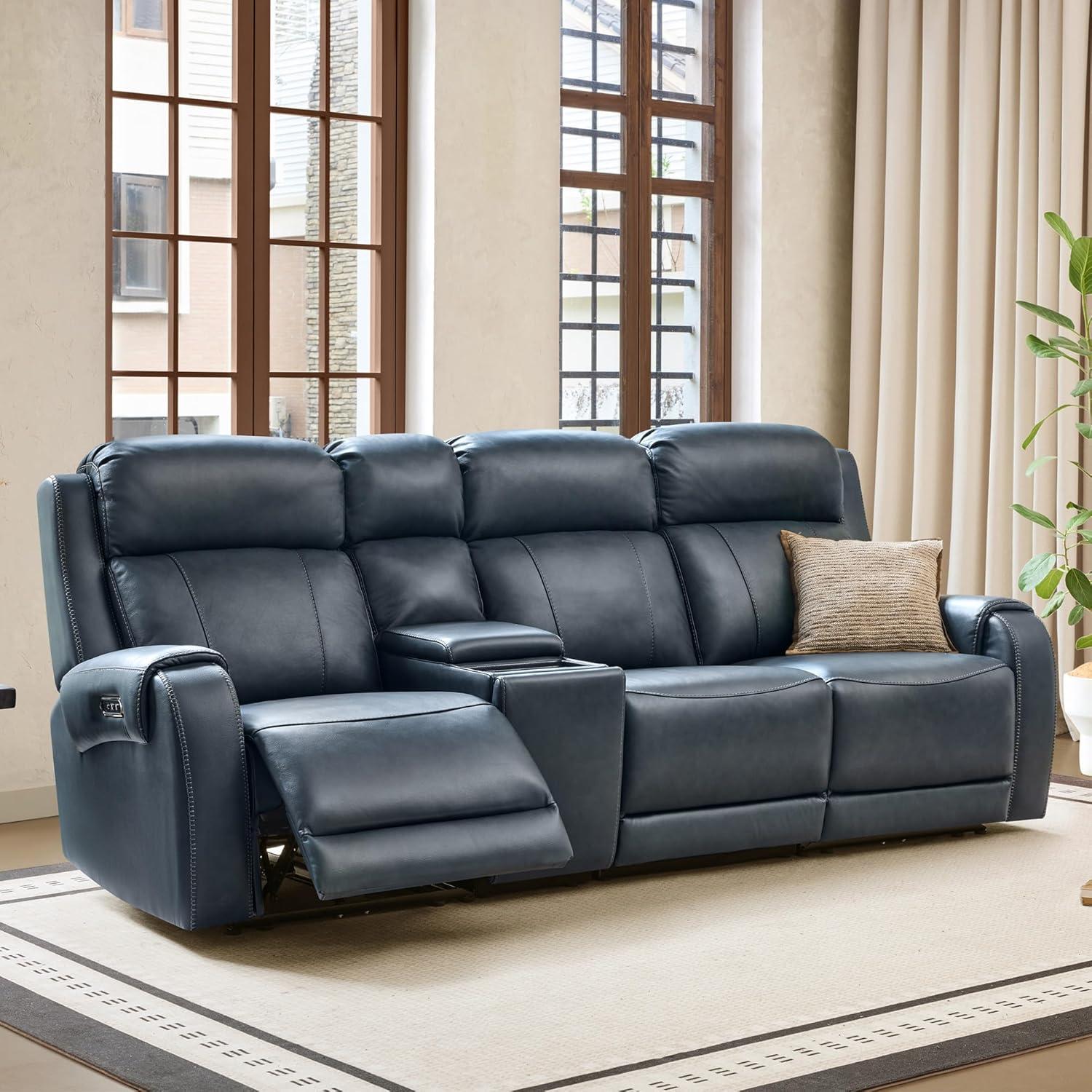 image:imageCHITA Genuine Leather Power Recliner Sofa Wall Hugger Reclining Loveseat with Console Power Headrest Dual Motor Wireless amp USB Charging Ports Recliner Couch for Living Room RV Leather in SaddleNavy