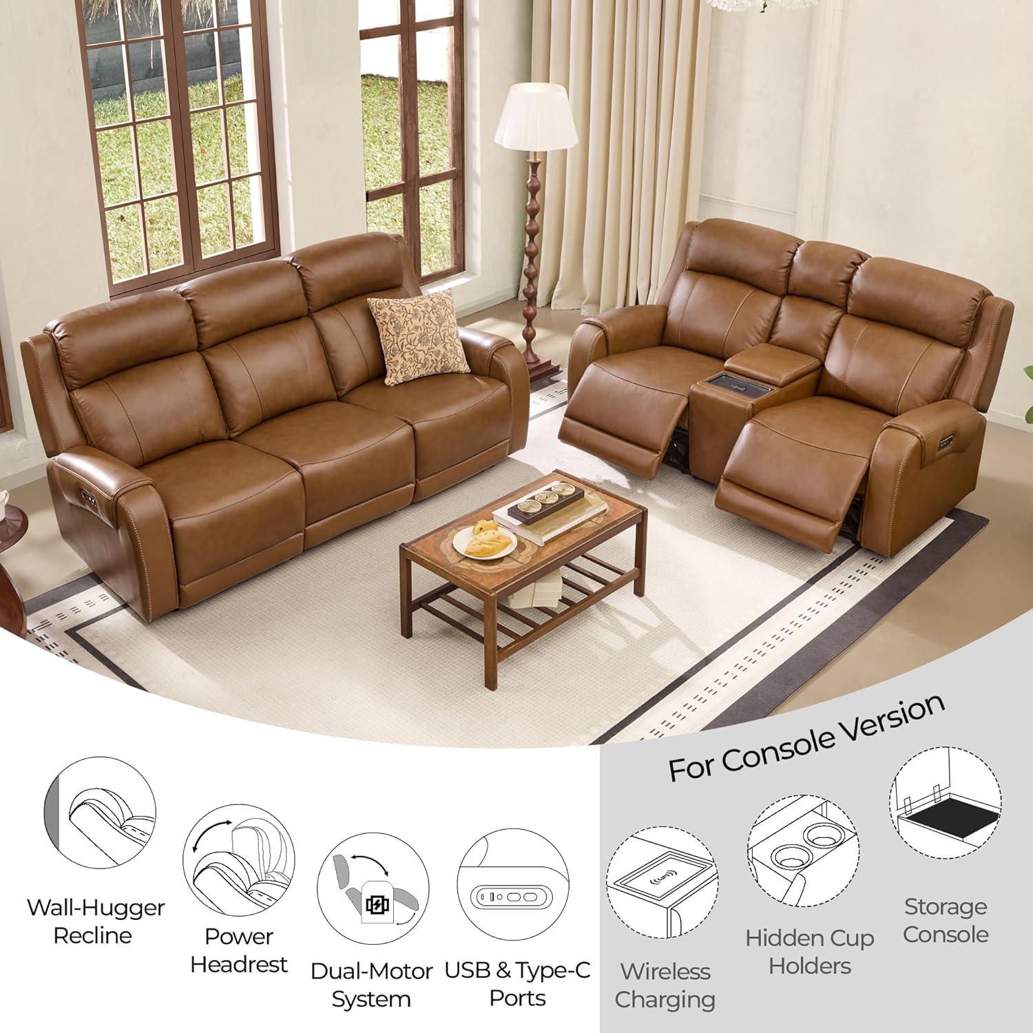 image:imageCHITA Genuine Leather Power Recliner Sofa Wall Hugger Reclining Loveseat with Console Power Headrest Dual Motor Wireless amp USB Charging Ports Recliner Couch for Living Room RV Leather in SaddleSaddle