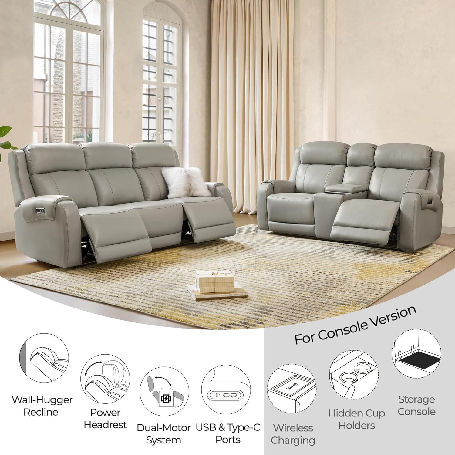 image:imageCHITA Genuine Leather Power Recliner Sofa Wall Hugger Reclining Loveseat with Console Power Headrest Dual Motor Wireless amp USB Charging Ports Recliner Couch for Living Room RV Leather in SaddleLight Gray