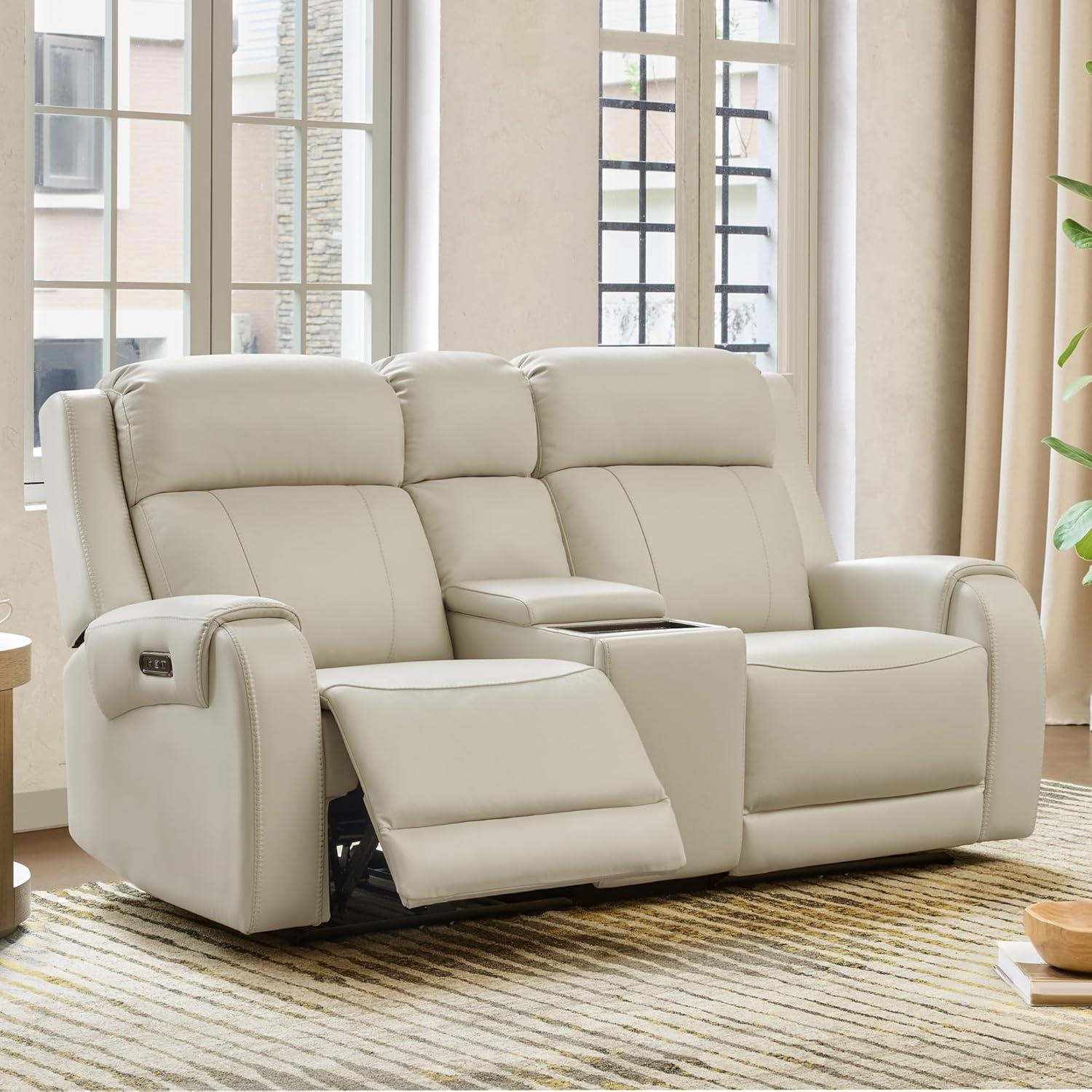 image:imageCHITA Genuine Leather Power Recliner Sofa Wall Hugger Reclining Loveseat with Console Power Headrest Dual Motor Wireless amp USB Charging Ports Recliner Couch for Living Room RV Leather in SaddleCream