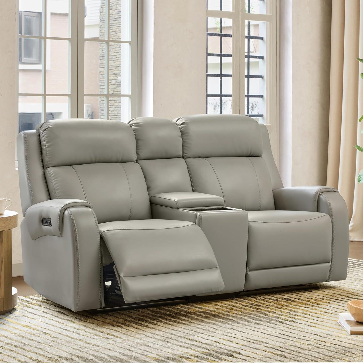 image:imageCHITA Genuine Leather Power Recliner Sofa Wall Hugger Reclining Loveseat with Console Power Headrest Dual Motor Wireless amp USB Charging Ports Recliner Couch for Living Room RV Leather in SaddleLight Gray