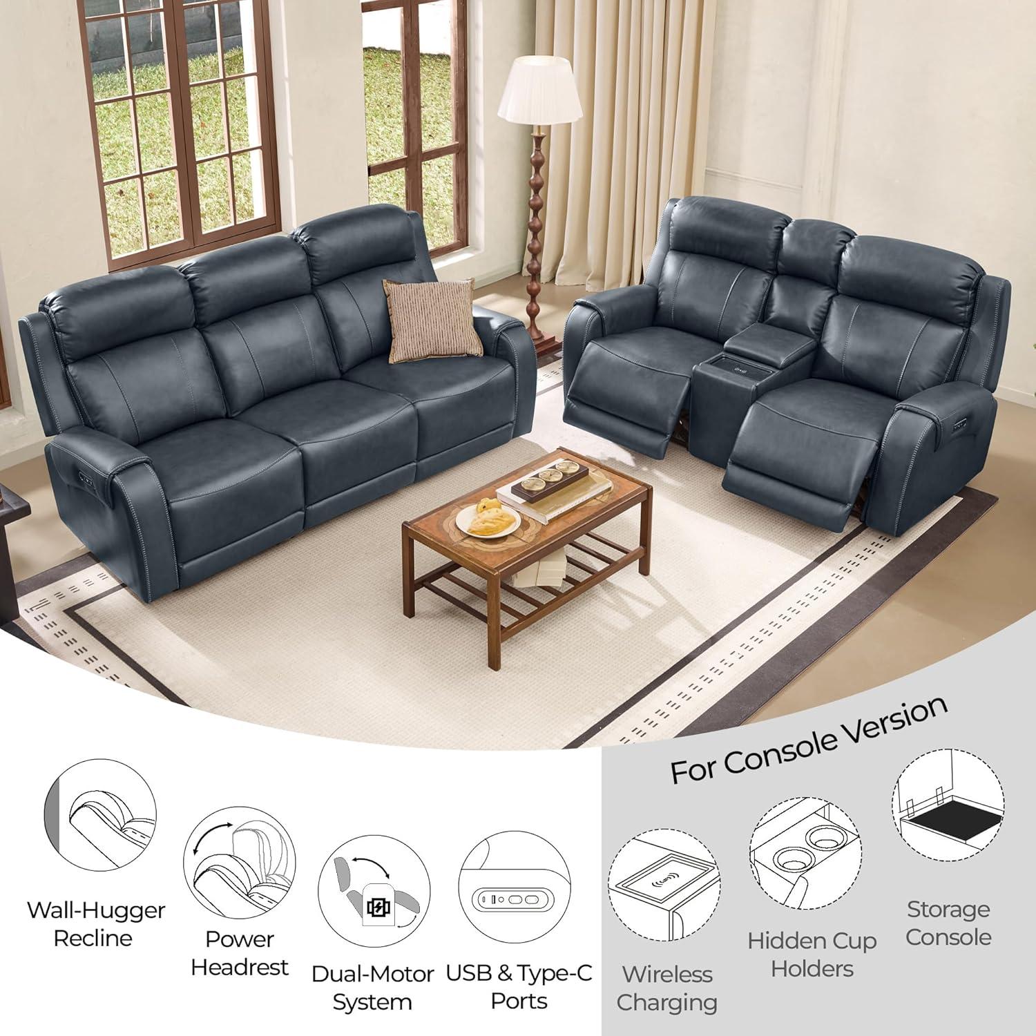 image:imageCHITA Genuine Leather Power Recliner Sofa Wall Hugger Reclining Loveseat with Console Power Headrest Dual Motor Wireless amp USB Charging Ports Recliner Couch for Living Room RV Leather in SaddleNavy