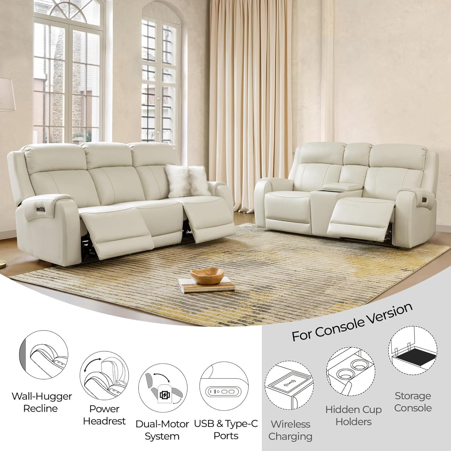 image:imageCHITA Genuine Leather Power Recliner Sofa Wall Hugger Reclining Loveseat with Console Power Headrest Dual Motor Wireless amp USB Charging Ports Recliner Couch for Living Room RV Leather in SaddleCream